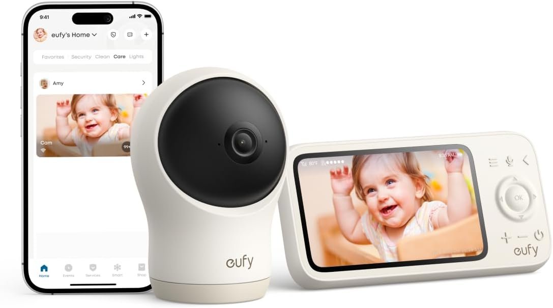 eufy Baby Monitor C10 with 2K HD Camera, 4.5″ 480p Display, 4× Zoom, Pan-Tilt, Night Vision, Wi-Fi & No Wi-Fi Connection, 12 H Battery, Motion, Noises, Temperature Alerts, 2-Way Talk, VOX, Indoor
