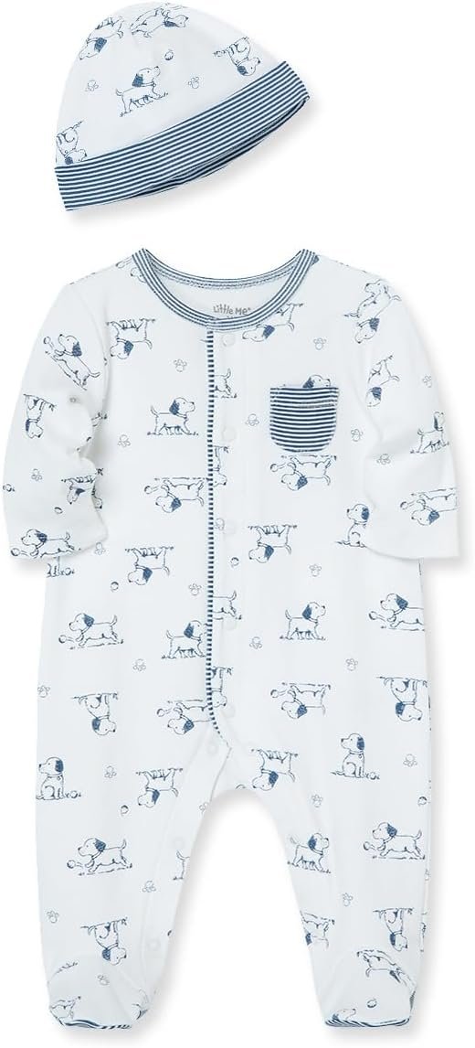 Little Me Baby Boy Clothes 2-Piece Baby Sleeper and Cap Set, 100% Cotton Footies Baby Essentials