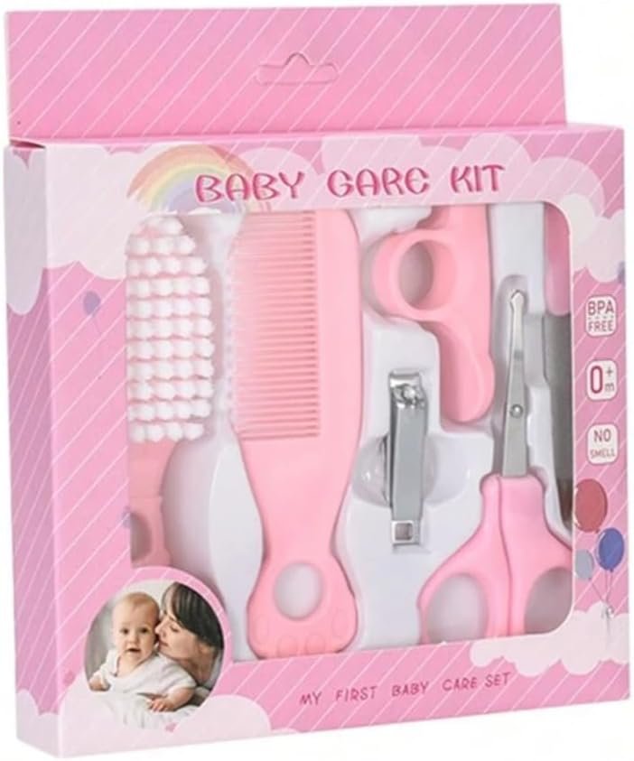 Baby Care Kit, 6-Piece Grooming Set with Comb, Brush, Scissors and Nail Tools (Pink)