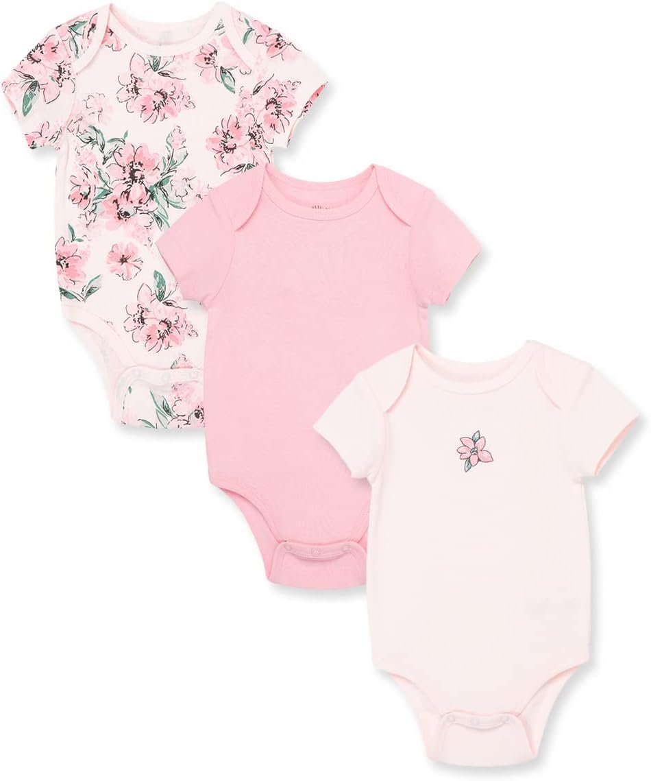 Little Me Clothes for Baby Girls’ 3-Pack 100% Cotton Bodysuits with Full Snap Closures, Baby Essentials