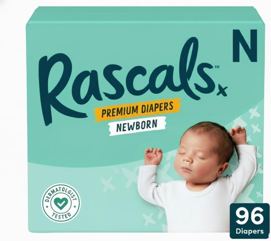 Rascals Premium Baby Diapers Size N, 96 Count, White