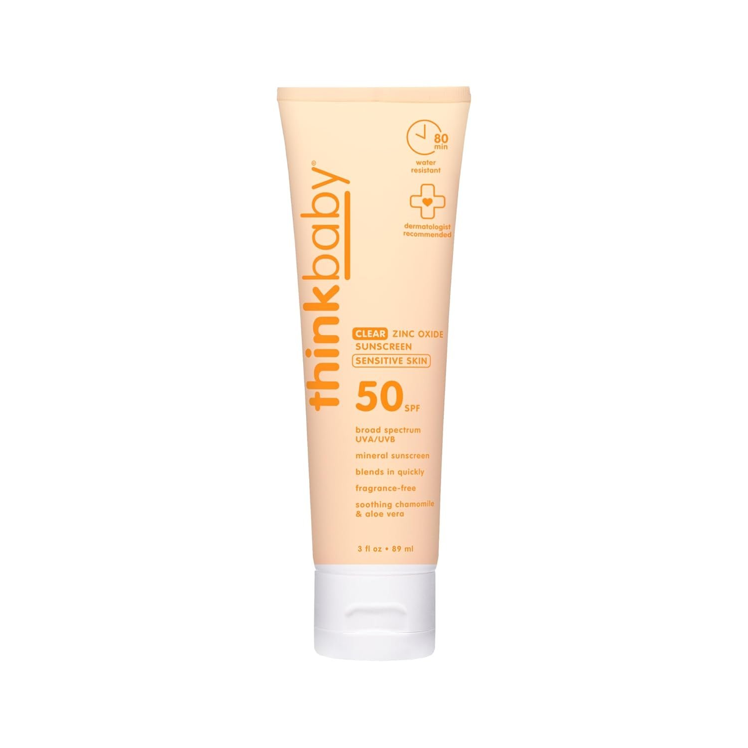 Thinkbaby Baby Sunscreen for Sensitive Skin, 3 Fl Oz, SPF 50 Clear Zinc Oxide Baby Mineral Sunscreen, Broad Spectrum UVA/UVB Protection, Natural, Water Resistant, Reef Safe, Vegan