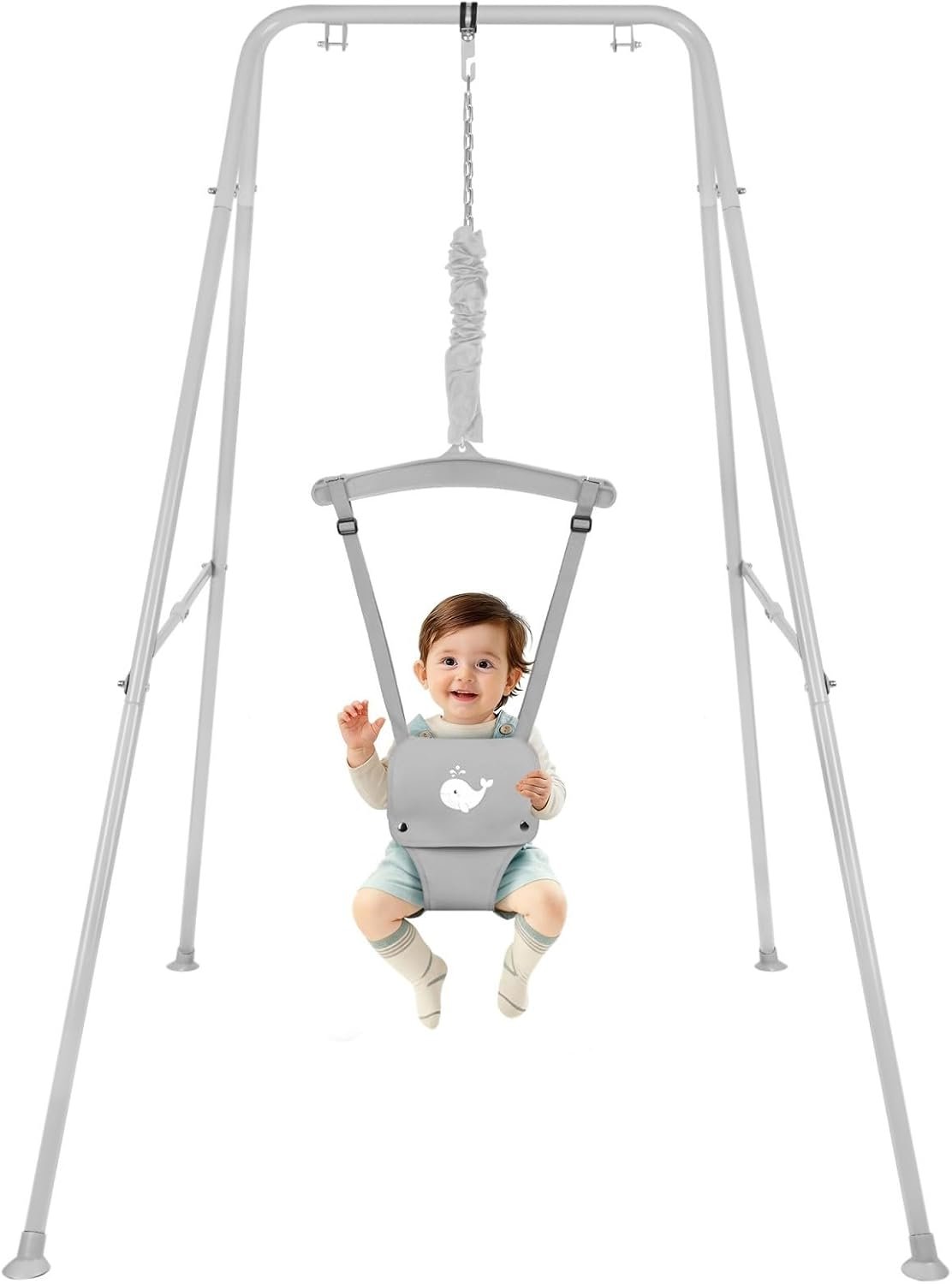 Baby Jumper with Stand, Baby Jumpers and Bouncers for Indoor & Outdoor Play, Swing Set with Stand for 6-24 Months Infant & Toddler Leaning to Walk, Easy to Assemble & Store (Gray)