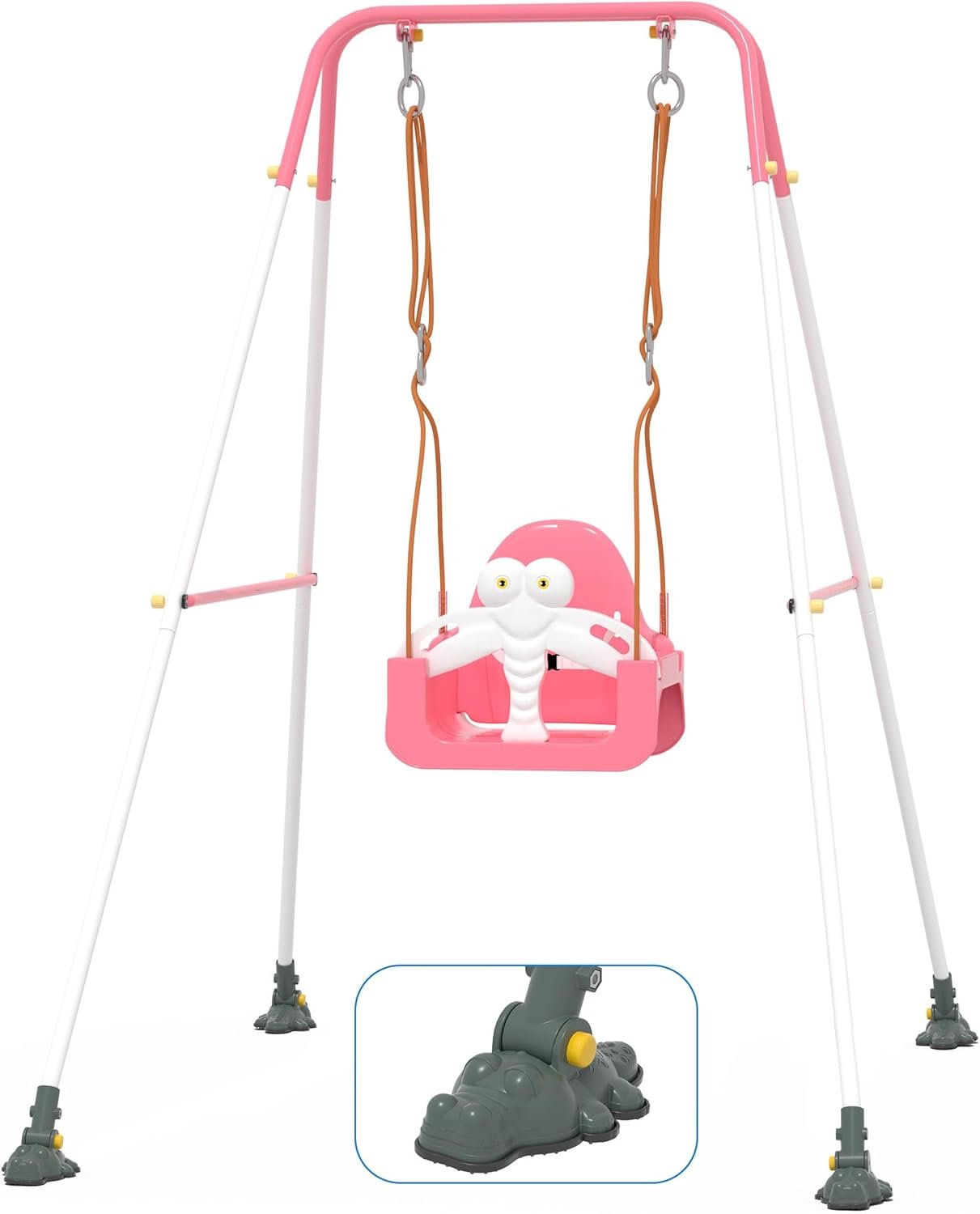 Toddler Swing Set with Metal Stand, 3-in-1 Baby & Kids Swing Seat for Indoor Outdoor Play, Safety Harness, Freestanding Swing for Nursery, Backyard or Playroom, Pink & White