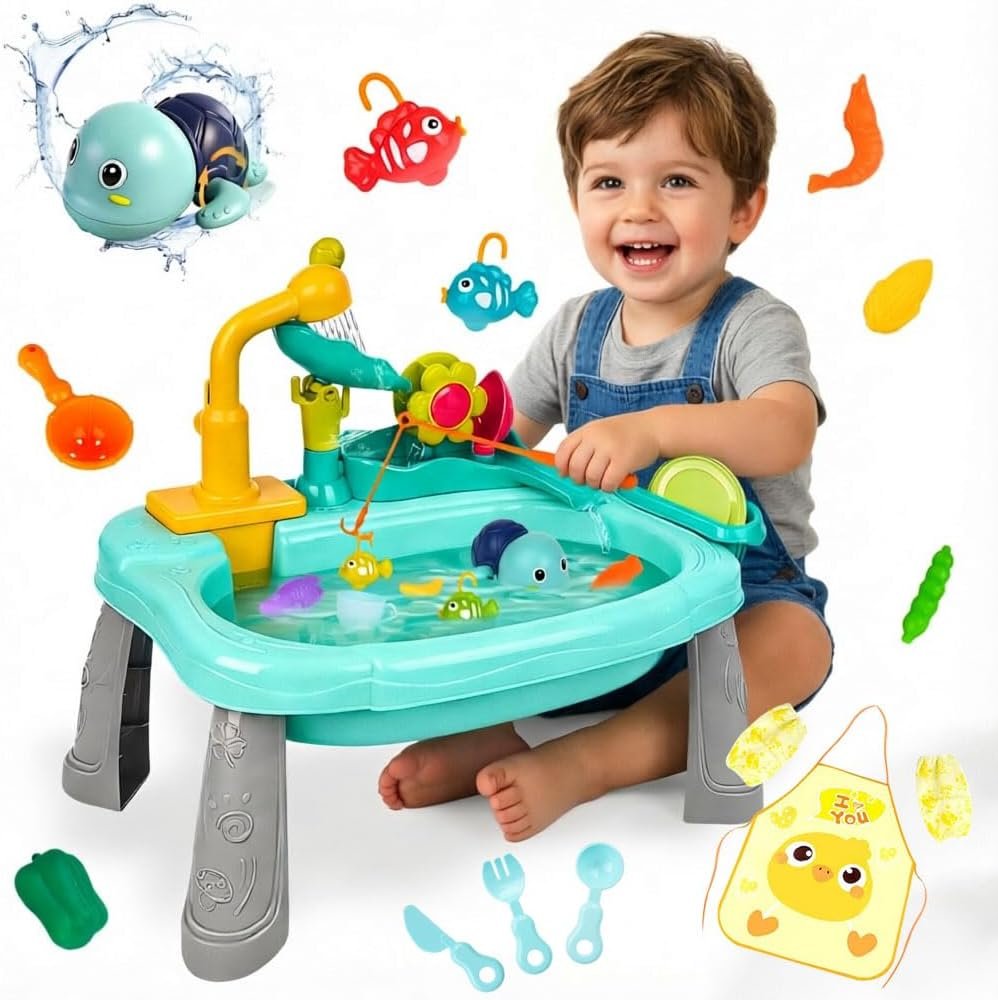 Mini Water Table for Toddlers, Kids Play Sink with Running Water, Outdoor Toys for Kids with 360° Electric Faucet, Floating Fishing Game, Sensory Activity Kitchen Toy for Boys Girls 3 4 5 6 7 8