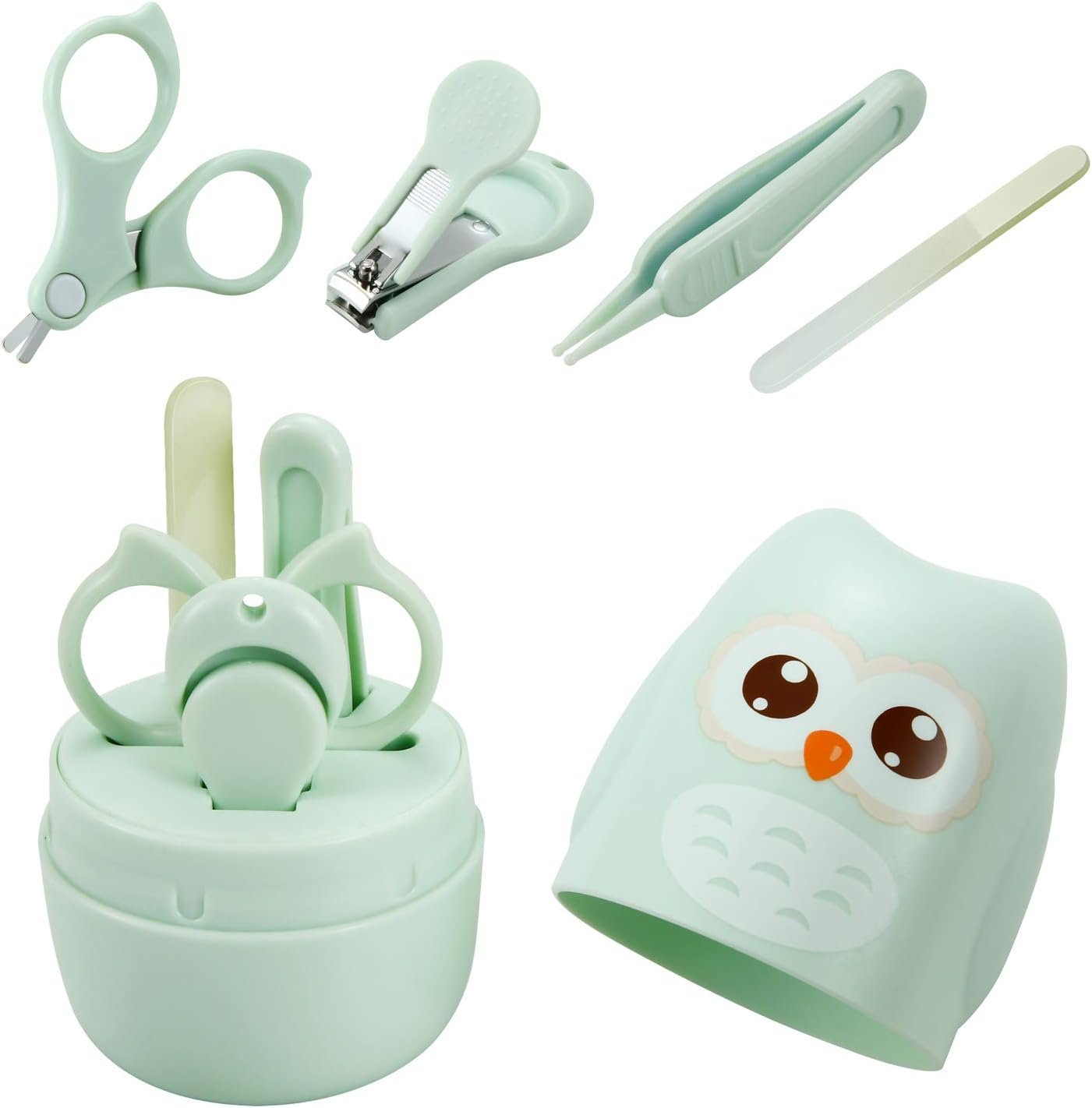 PandaEar Baby Nail Manicure Pedicure Grooming Care Kit (4 Pack)| Clippers Scissors File Tweezers | Newborn Infant Toddler Kids|1 Months Plus (Green)