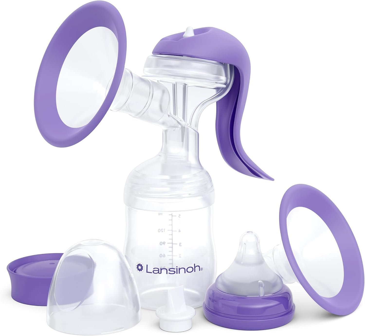Lansinoh Manual Breast Pump, Breast Feeding Hand Pump with Comfortable Flange, Includes 5oz Baby Bottle with Slow Flow Nipple, Breastfeeding Essentials