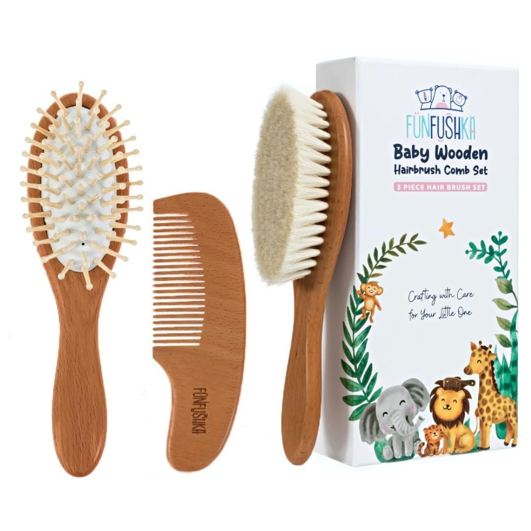 Baby Wooden Hair Brush and Comb Set for Newborn Toddler – Natural HairBrush with Soft Goat Bristle for Girl and Boy, Perfect for Cradle Cap (Oak)