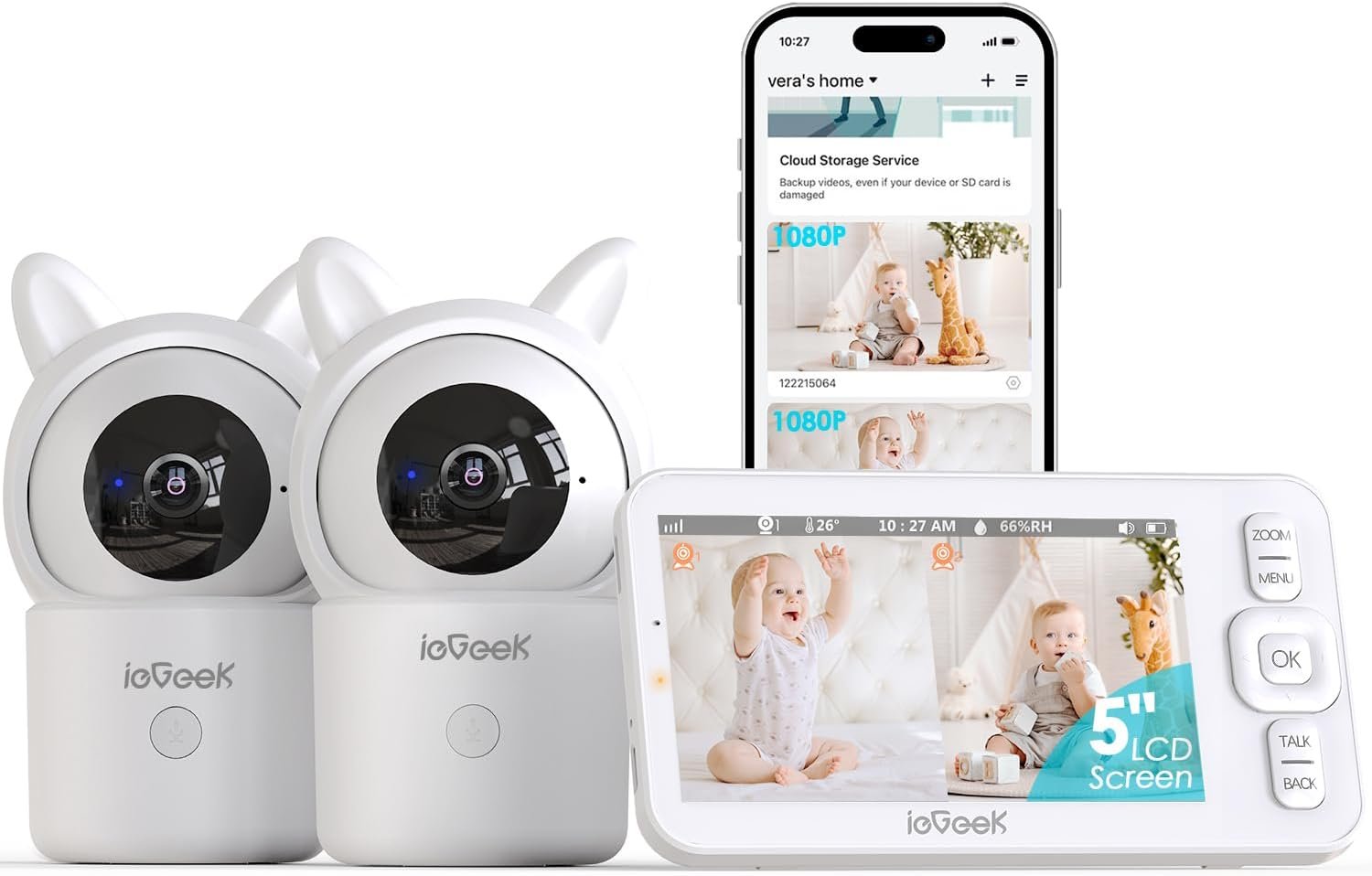 ieGeek Baby Monitor with 2 Cameras, 5″ Screen & 1080P Cameras & Free Smart App Split Screen Dual Baby Monitor, Upgraded Night Vision/PTZ/2-Way Audio/Auto Tracking Detection Notification and Alert