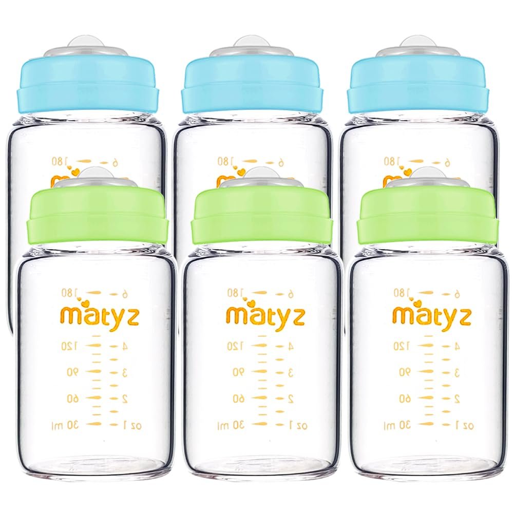 Matyz Glass Breastmilk Storage Bottles, 6 Pack, 6 oz, Sturdy Glass Bottle for Milk Freezing and Baby Feeding – Pumping Bottle for Philips Medela Spectra Breast Pumps – No BPA (3 Green & 3 Blue Lids)