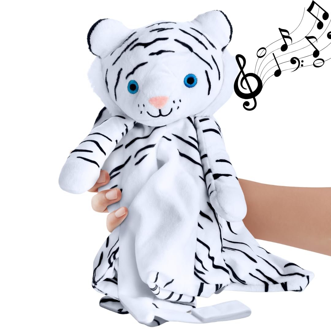 Love By Emi – White Noise Lullaby Baby Sleep Soother Lovey – Plush Baby Sleep Aid Animal Toy – Lullaby Sound Machine & Pacifier Clip – Stuffed Animal with Heartbeat – White Tiger Security Blanket