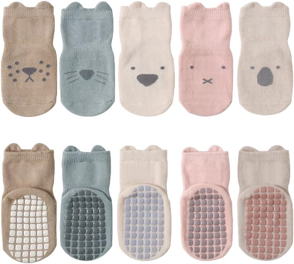 FedMois 5 Pairs Baby Little Kids Anti-slip Socks Cotton non skid Ankle Socks Animals