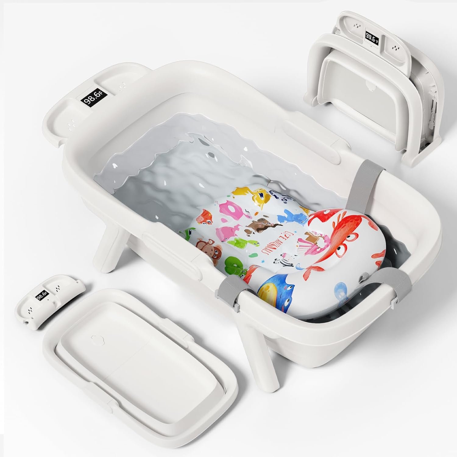 Collapsible Baby Bathtub, Large Baby Tub with Thermometer & Soft Cushion for Newborn to 36-Month Toddler Bathtub,Foldable for Quick Use & Portable for Travel, Baby Bath Gift (White)