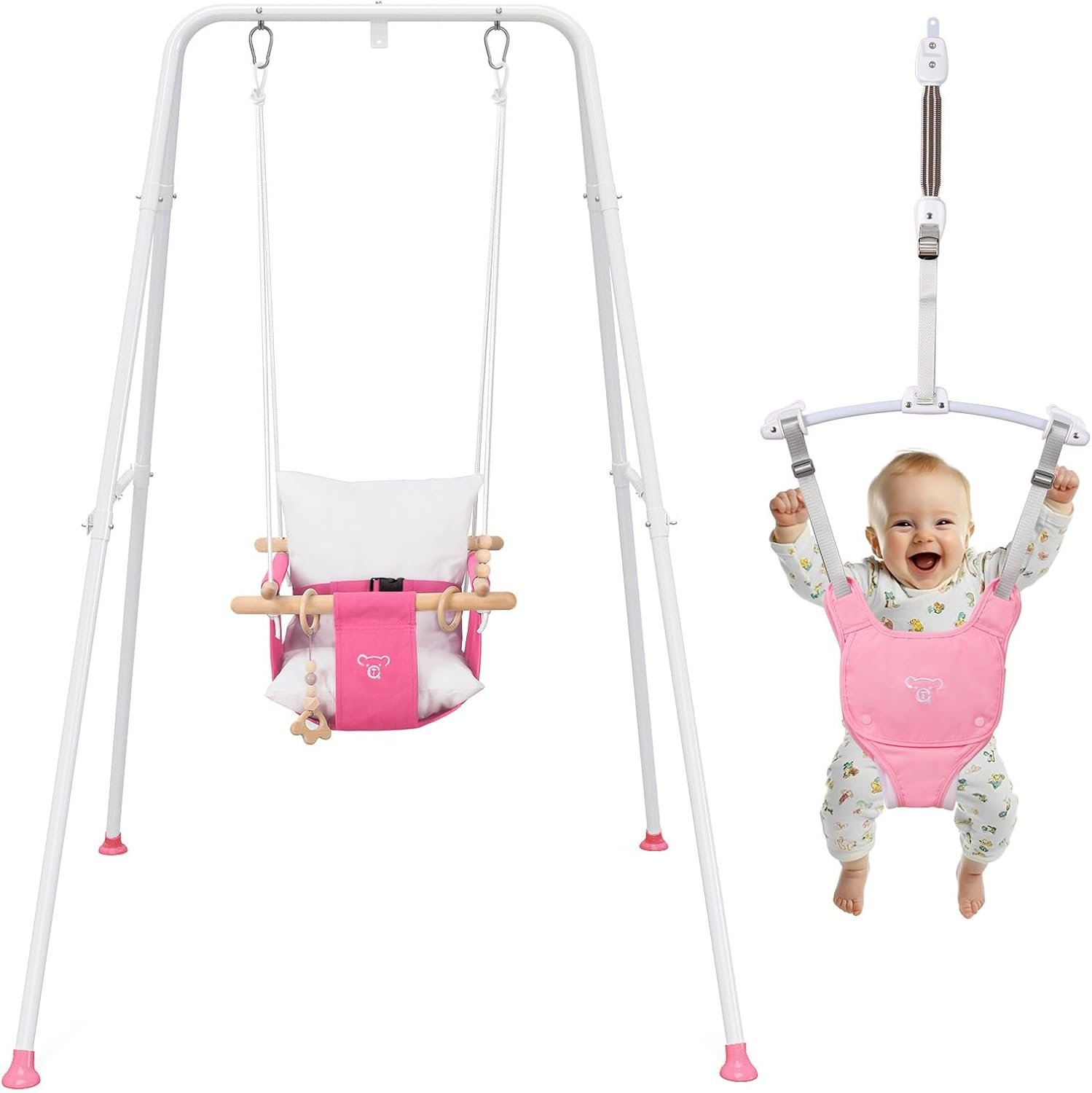 2-in-1 Baby Jumper & Swing – Foldable Stand, Stable Toddler Swing Set for Indoor & Outdoor Use (Pink)