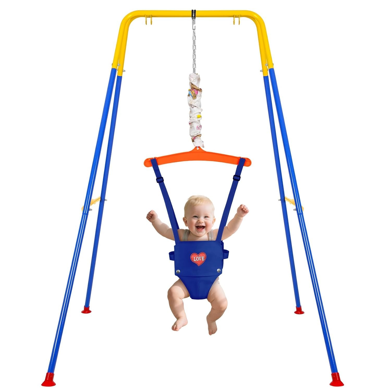 Baby Jumper with Stand, Infant Jumper with Adjustment Strap, Indoor/Outdoor Toddler Swing Set, Baby Jumpers and Bouncers for Boys Girls 6-24 Months, Easy to Assemble & Store (Blue)
