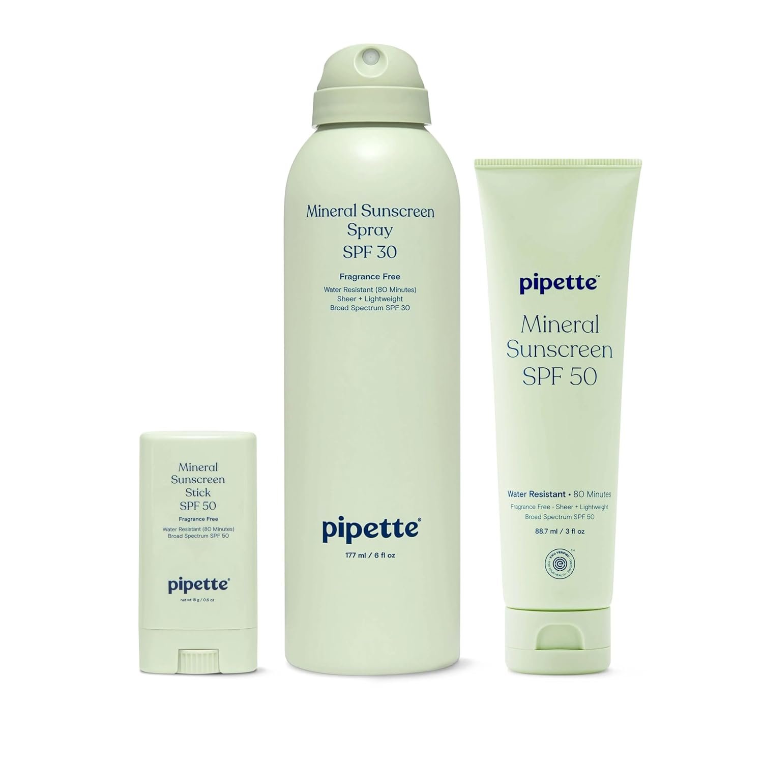 Pipette Baby Clean Mineral Sunscreen Trio, Includes Spray SPF 30 (6 Oz), Stick SPF 50 6 oz (0/6 oz), and Water-resistant Sun Lotion (3 oz), Zinc Oxide Mineral Sunscreen, UVB/UVA Sunblock for Kids