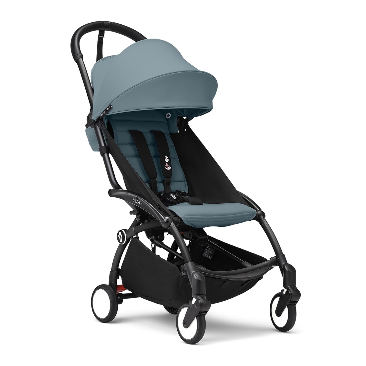 Stokke YOYO3 Stroller from 6 Months – Includes Black Frame/Aqua Seat Cushion + Canopy – Folds in & Out in a Flash – Light & Compact – Carry-On Compatible