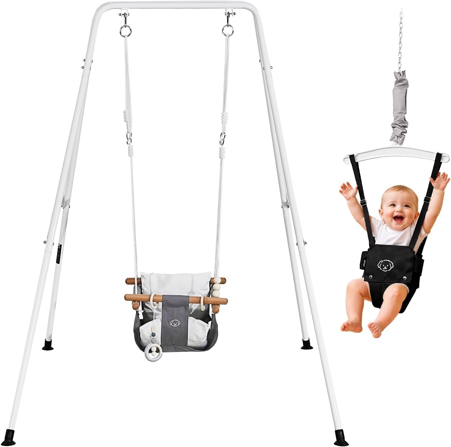 VEVOR Toddler Swing and Jumper, 2 in 1 Swing Set and Bouncer, Soft Cushion with Foldable A-Frame Metal Stand, Heavy-Duty Thick Ropes, Easy to Install and Store, for Indoor or Outdoor Play, Black