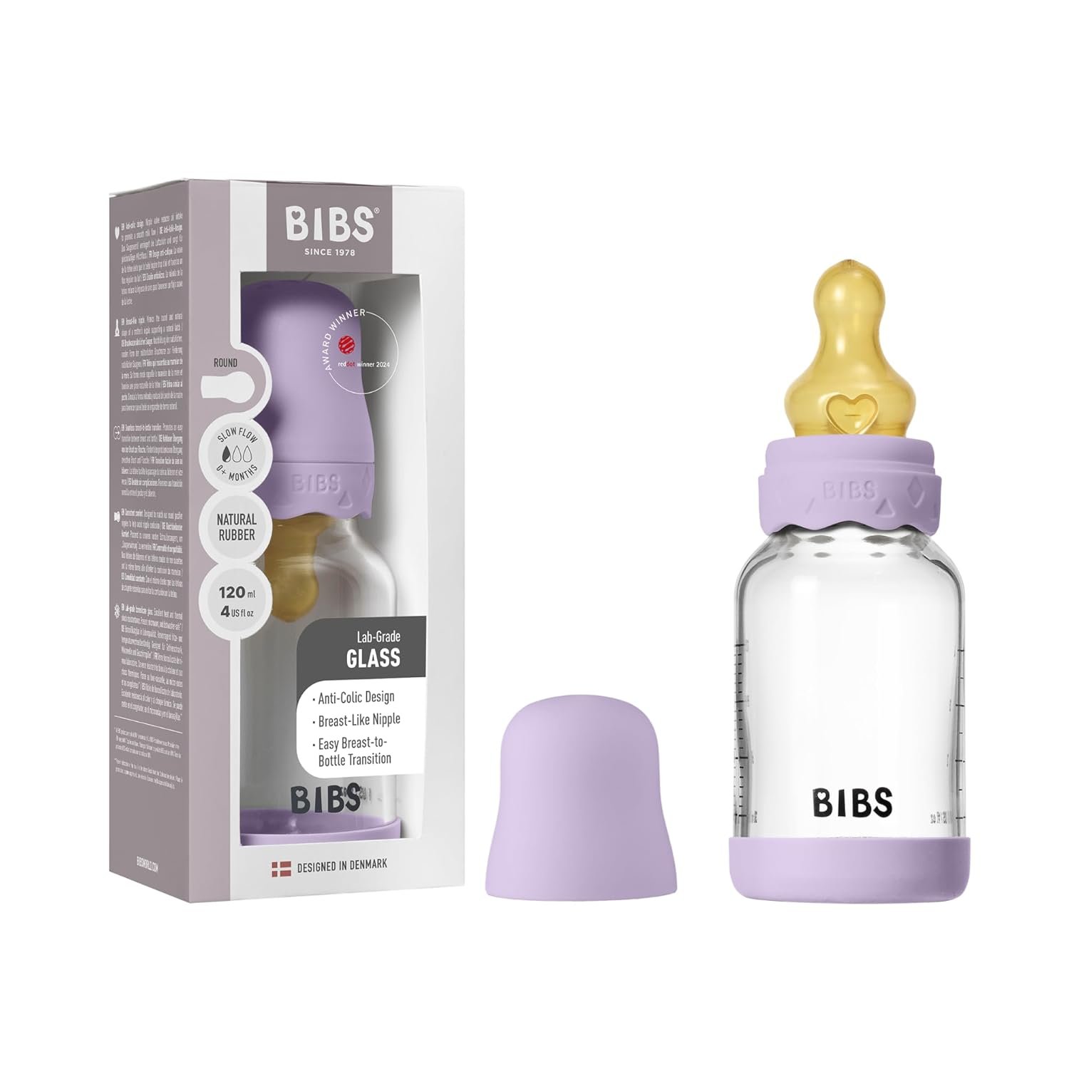 BIBS Boheme Baby Glass Bottle 4 oz /120 ml. Anti-Colic. Round Natural Rubber Latex Nipple. Supports Natural Breastfeeding – Violet Sky