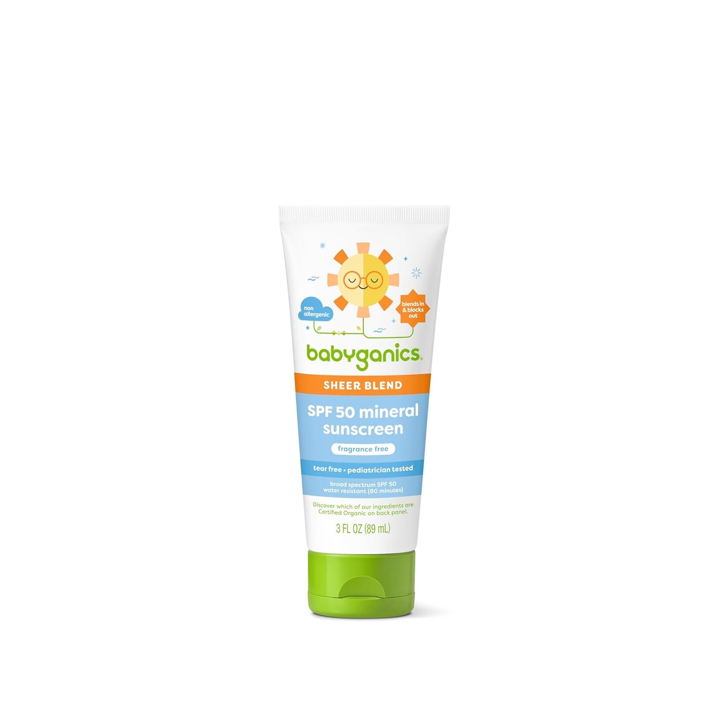 Babyganics SPF 50 Mineral Sunscreen Lotion, Sheer Blend, UVA UVB Protection, Octinoxate & Oxybenzone Free, Water Resistant, Fragrance Free, 3 oz