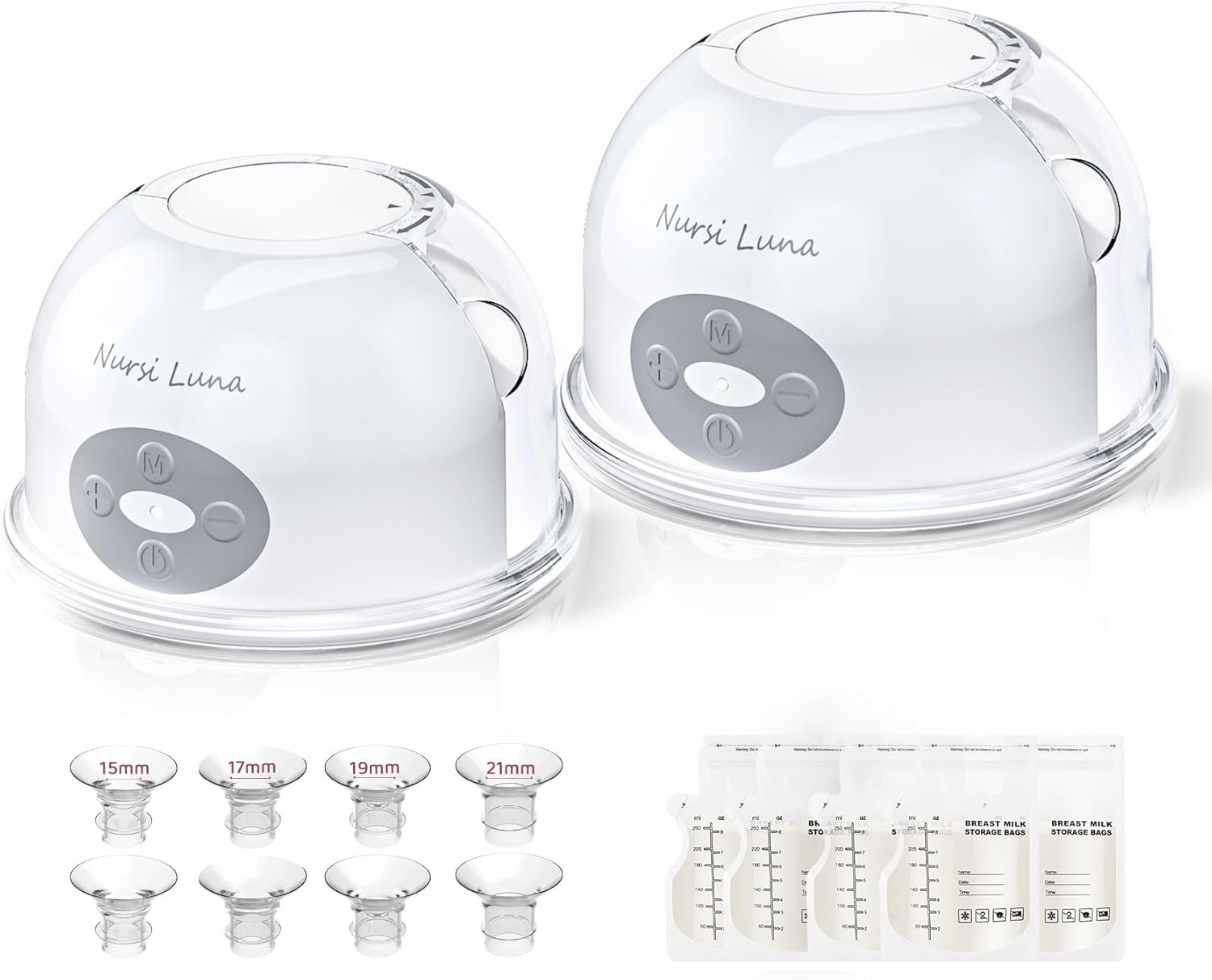Nursi Luna Wearable Breast Pump, Hands Free Portable Breast Pump with 2 Modes & 6-12 Suction Levels, Low Noise Wireless Electric Breast Pump with 15/17/19/21mm Flange Inserts & Milk Storage Bags