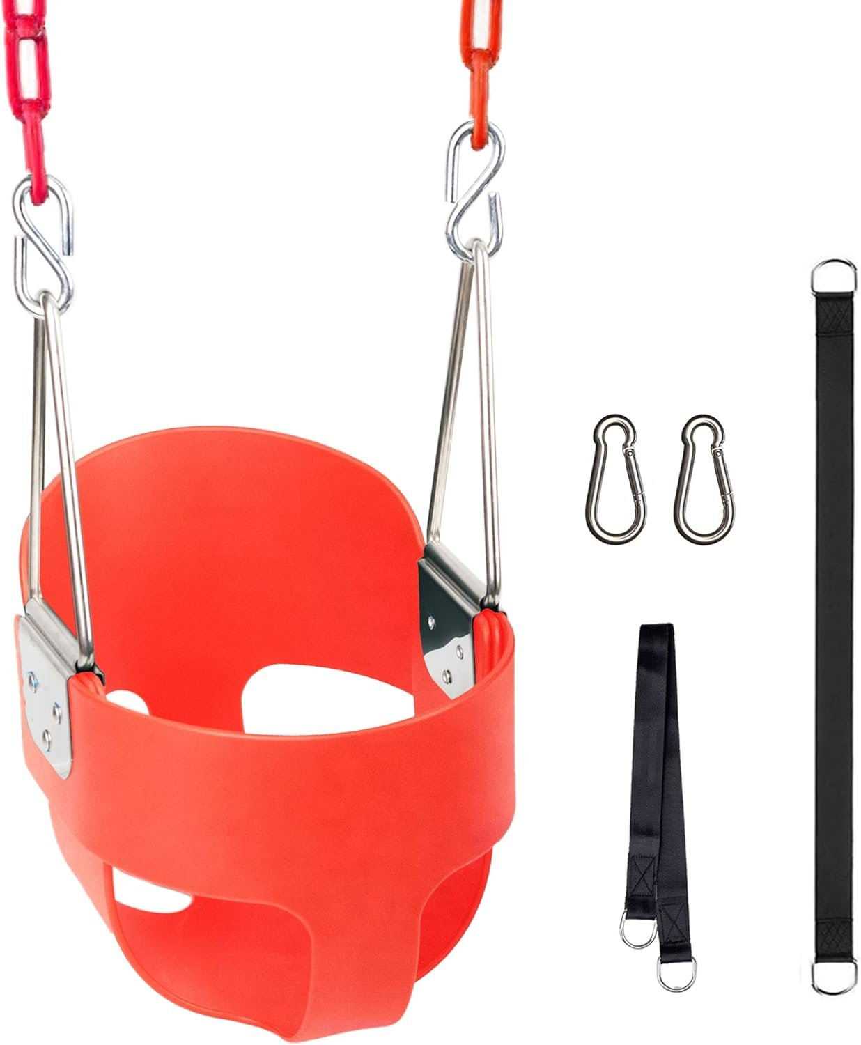 KINSPORY Toddler Swing, 59″ Coated Heavy-Duty Iron Chains Baby Swing Outdoor, High Back Full Bucket Infant Swing Seat with Tree Straps for Swing Sets Backyard Outdoor Indoor (Red)