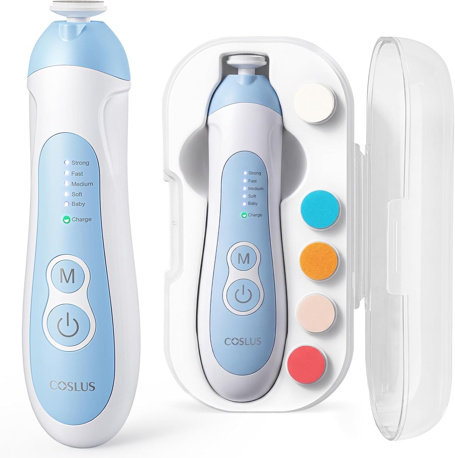 COSLUS C52 Rechargeable Baby Nail File: Cordless Baby Nail Trimmer Electric, Baby Nail Clipper with 5 Speeds & 6 Grinding Heads for Baby Kid, CPC Certified & Quiet Design – Safe for Sleep Trim, Blue