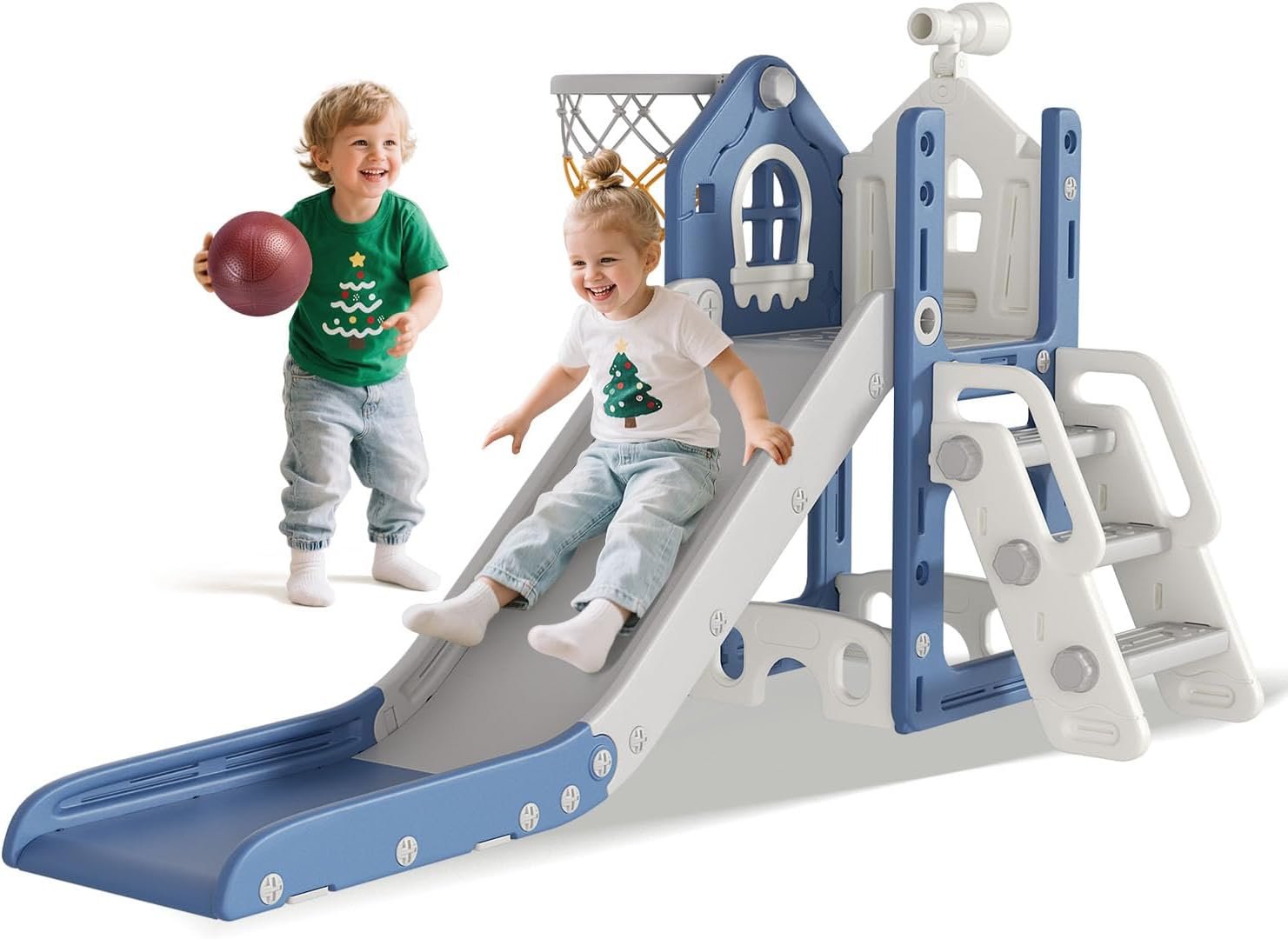 BIERUM 6 in 1 Toddler Slide – L-Shaped Baby Slide for Toddlers Aged 1-3 with Basketball Hoop, Telescope Toy and Anti-Slip Pads, Indoor Outdoor Toddler Playset, Blue Gray