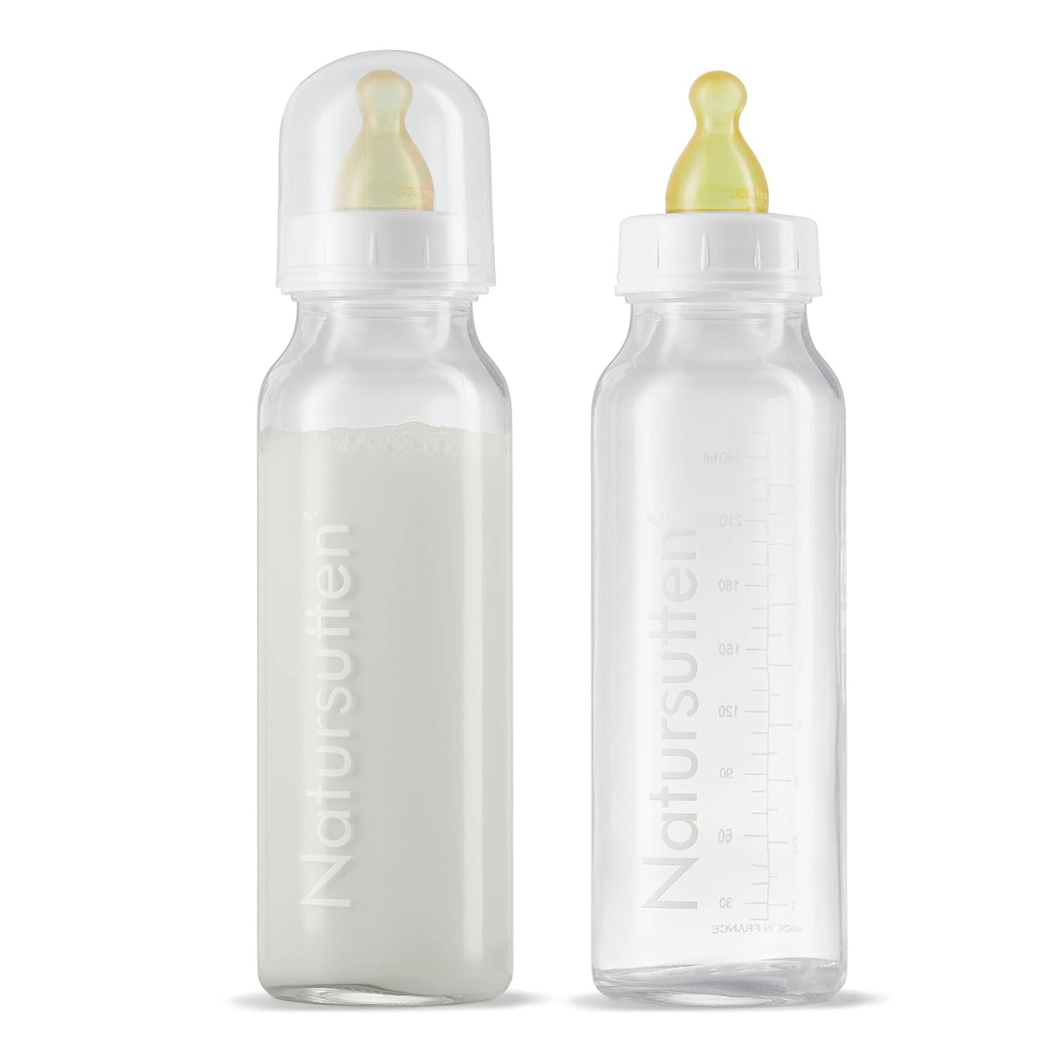 Natursutten Anti-Colic Glass Baby Bottle 2-Pack – 8 Ounce Bottles for Breastfeeding Babies – Newborn Bottles Set: Natural Rubber Slow-Flow Bottle Nipples, Seals, Valves, Baby Bottle Caps