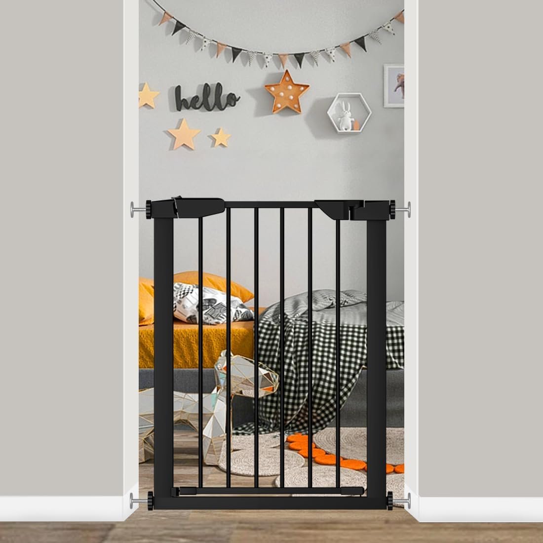 Fairy Baby 22.8″-25.5″ Narrow Baby Gate for Doorways, Pressure Mounted Auto-Close Pet Gate for Small Walk Thru and Hallway, Tension Safety Child Gate No Drill, No Extensions, Black