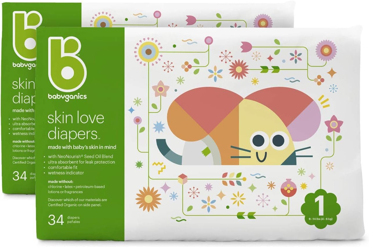 Babyganics Diapers, Size 1, 34 Ct, Ultra Absorbent Diapers, 2 Packs