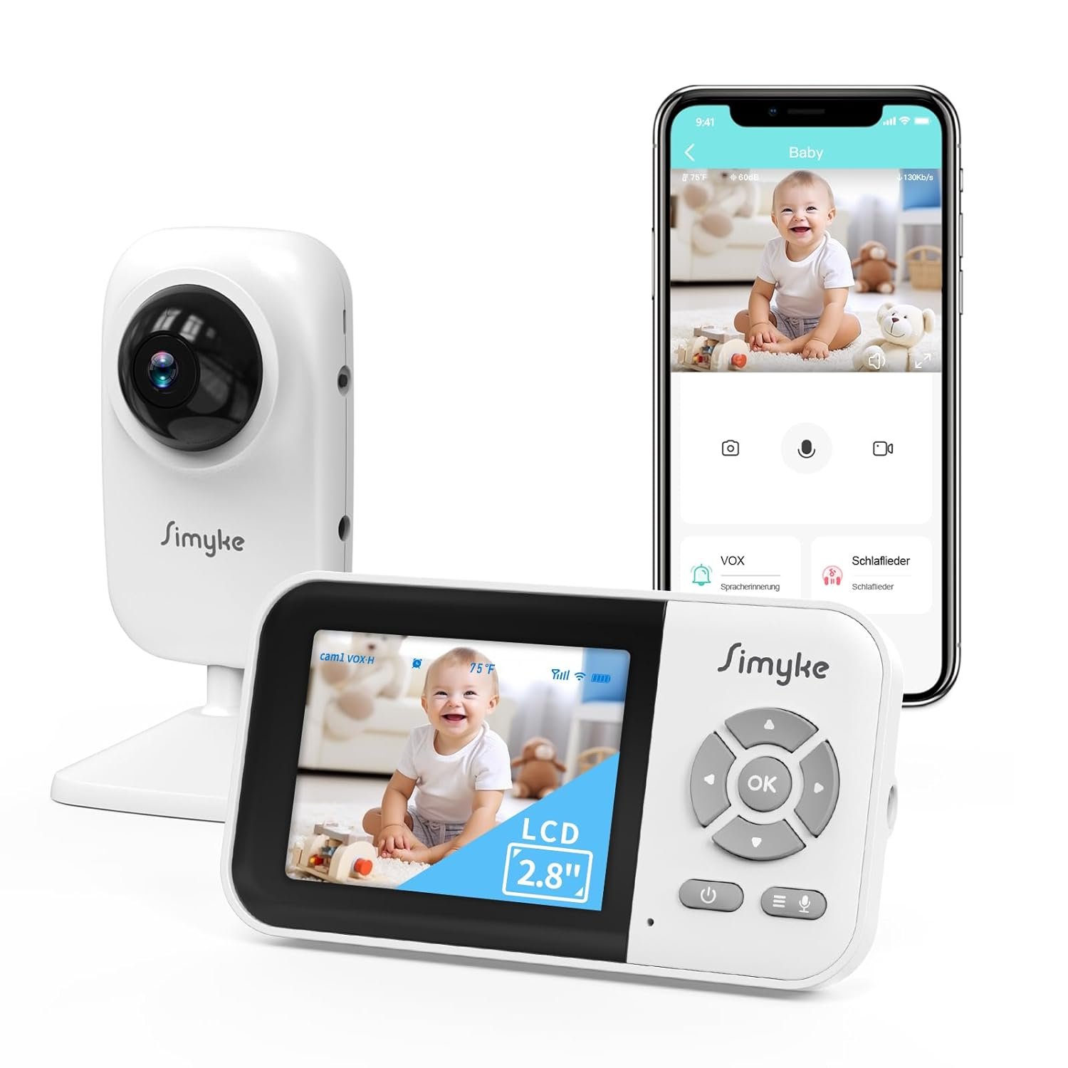 Simyke Upgrade Video Baby Monitor with Camera,1200ft Long Range,APP,2.8″ Display, Auto Night Vision,5 Lullabies,Sound Monitor,Feeding Timer,2-Way Talk,for Baby/Elderly/Pet,VOX/ECO,Temperature Sensor