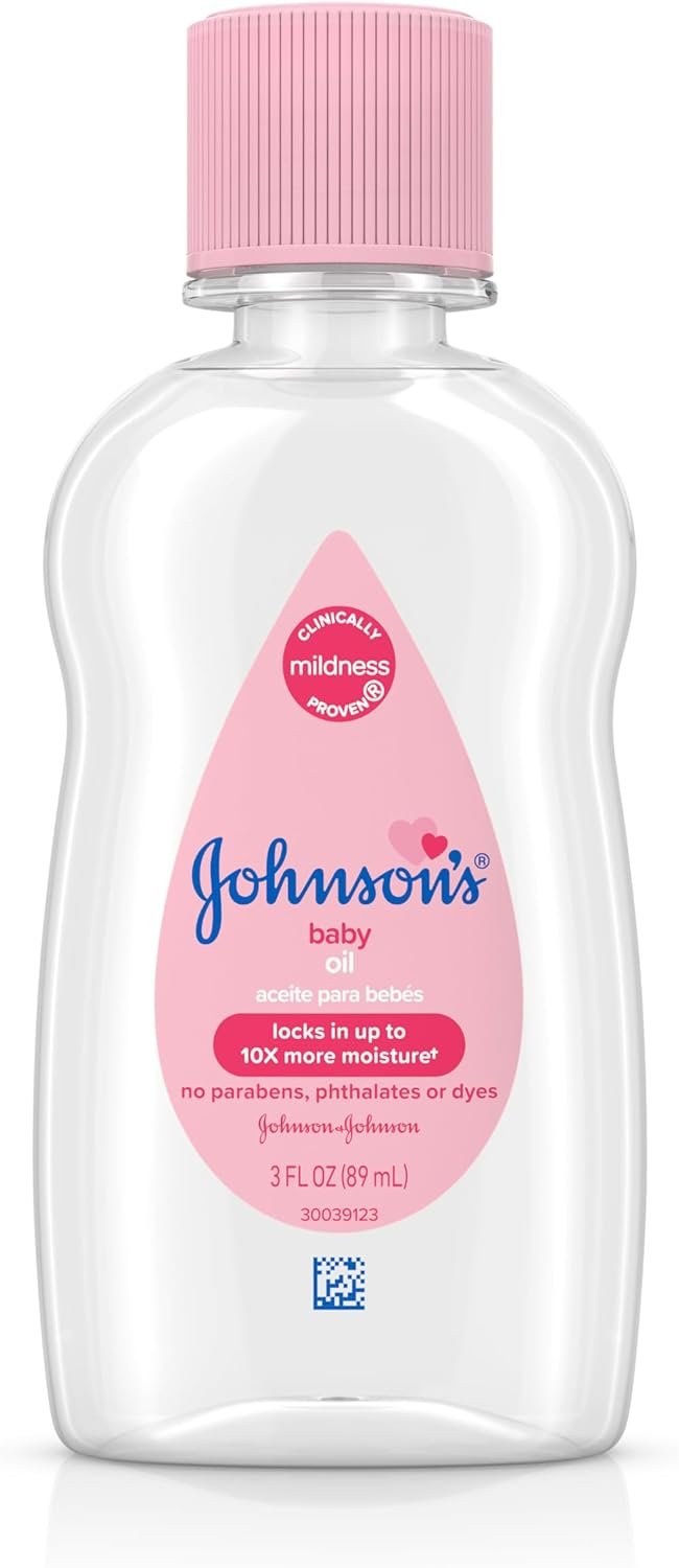 Johnson’s Baby Oil, Pure Mineral Oil to Prevent Moisture Loss for Newborn, Kids, & Adults, Gentle, Soothing Baby Massage Oil, Dry Skin Relief, Hypoallergenic, Original Scent, Baby Essentials, 3 fl. oz