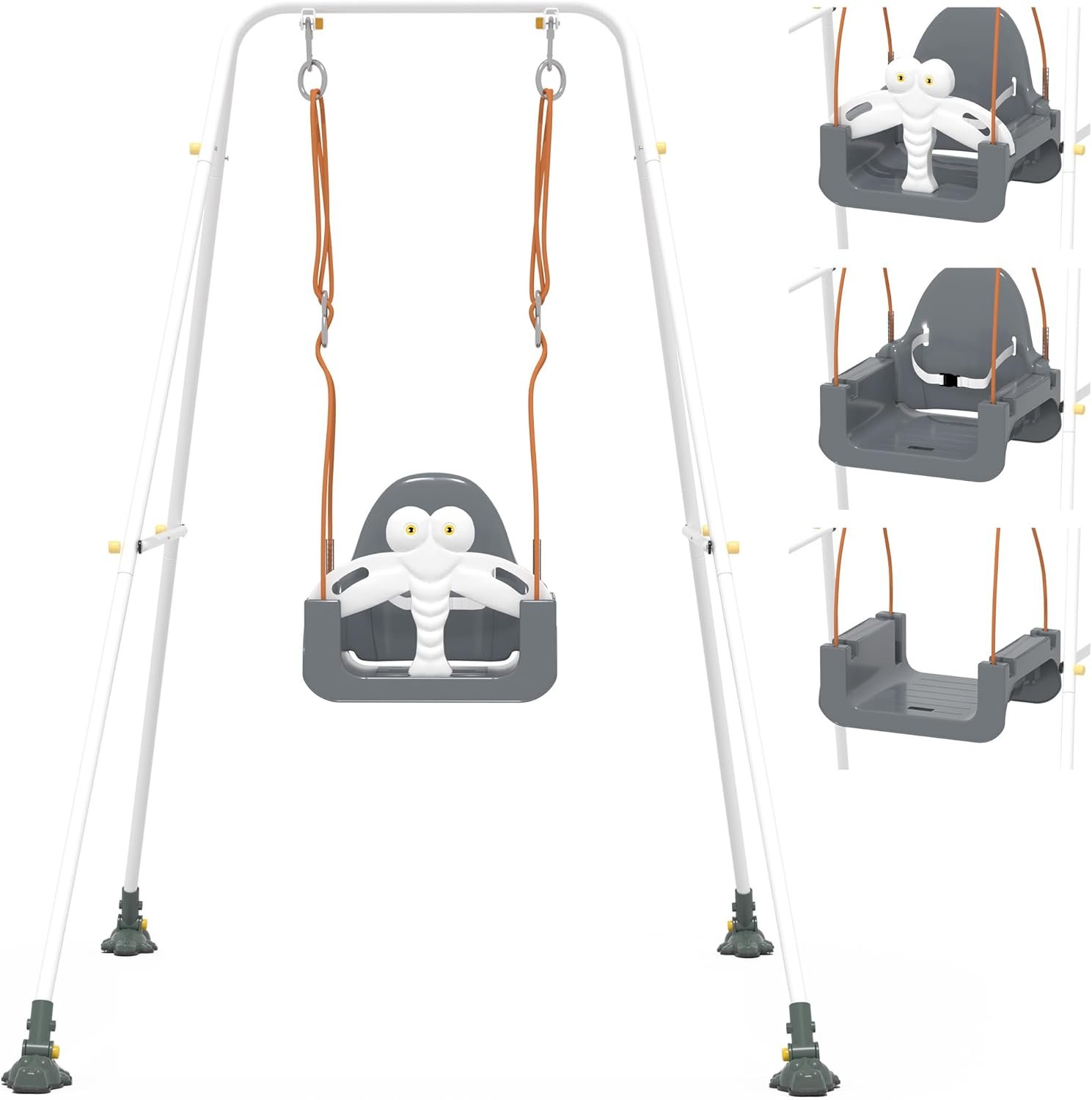 3-in-1 Toddler Swing Set, Baby Swing with Safety Belt, Indoor/Outdoor, Easy to Assemble Kids Swing Seat with Sturdy Metal Stand for Playground, Backyard and Nursery, Gray White