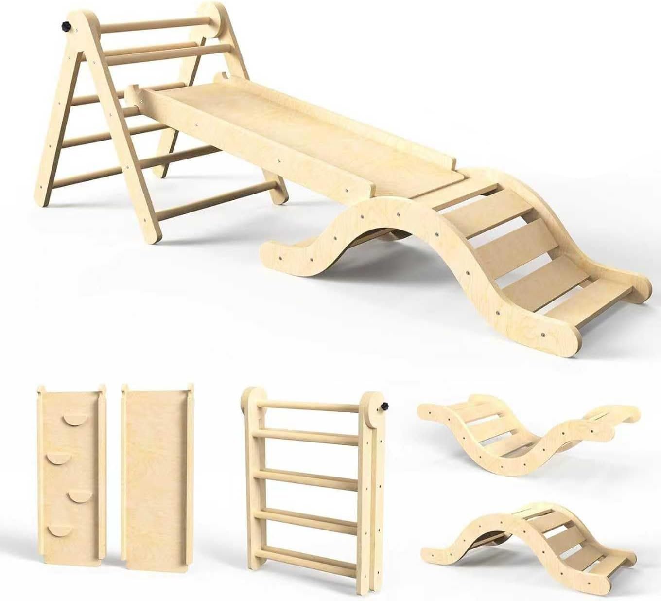 doowroodni Pikler Triangle Set 7in1 Toddler Climbing Toys Indoor Foldable Baby Climbing Toys Wooden Montessori Climbing Set with Arch, Ramp, Ladder for 1-3 Years, Jungle Gym for Kids (Natural)