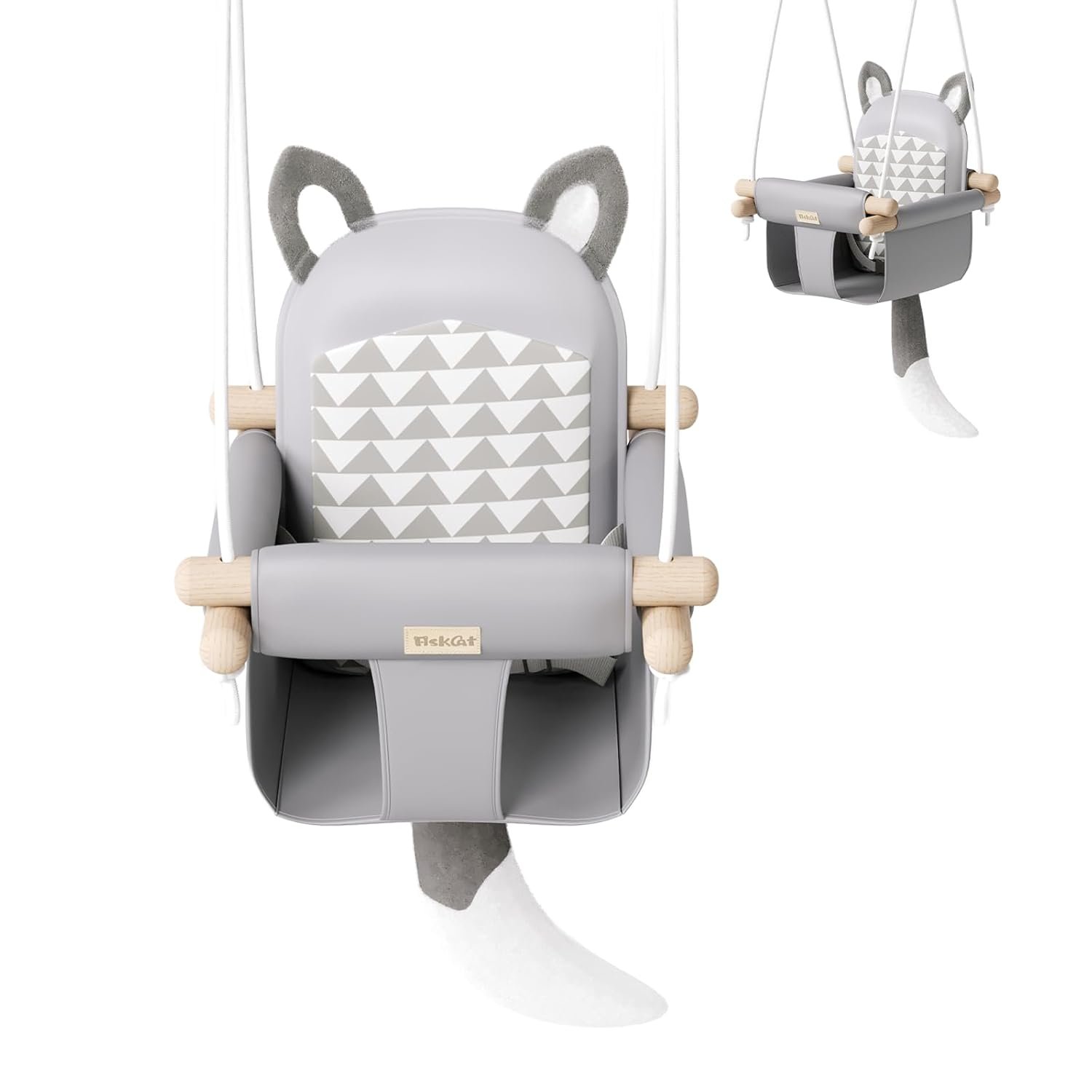 Wooden Hanging Baby Swing with Soft Safety Belt, Cozy Infant Swing Seat for Indoor & Outdoor Use, Adjustable Height, Includes Mounting Hardware – Suitable for Babies & Toddlers（Fox-Themed in Gray