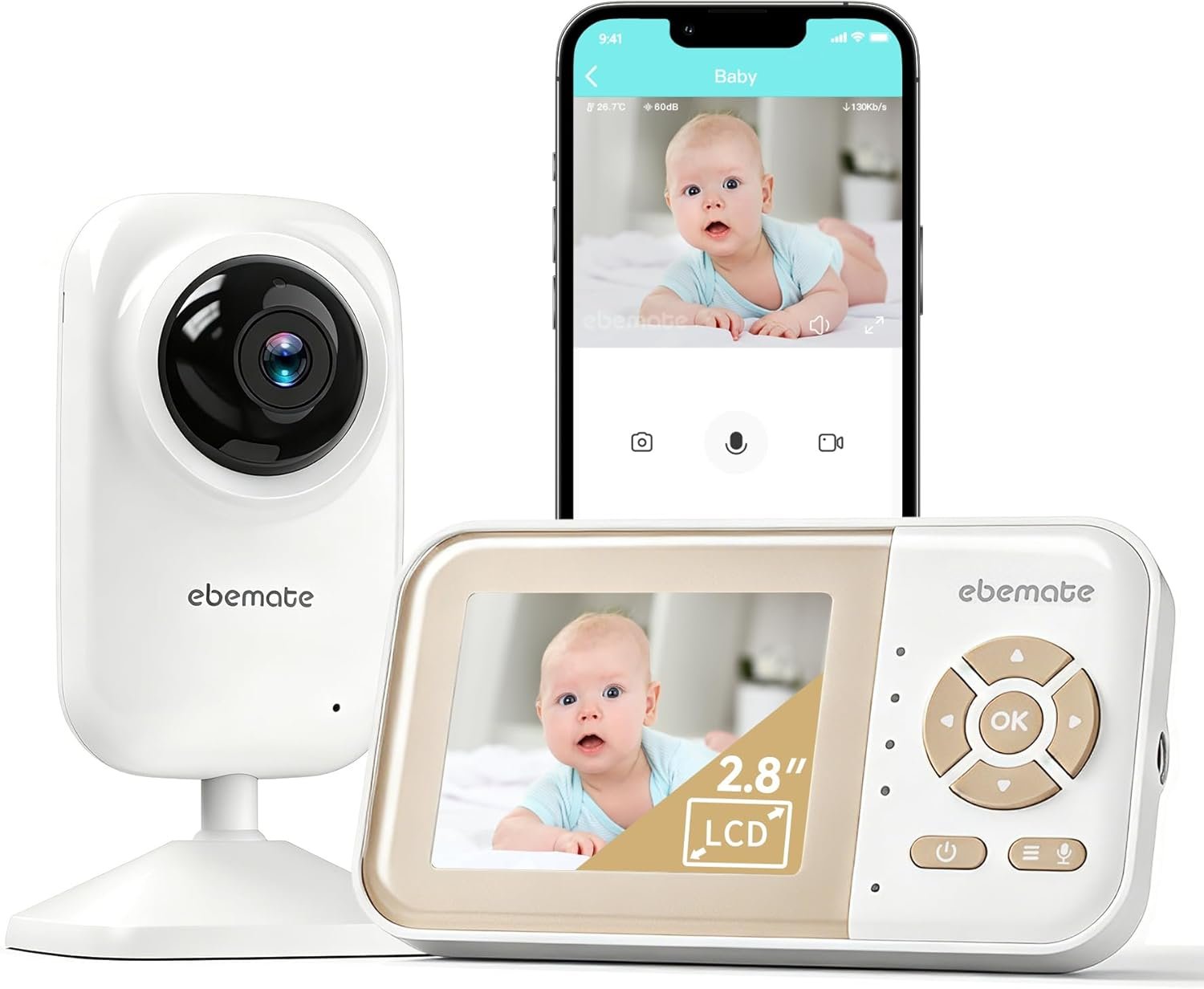 ebemate Video Baby Monitor Camera with 2.8″ LCD Screen Video & Audio No Glow Night Vision,2-Way Talk Audio Cam Baby Monitoring 1200FT Range