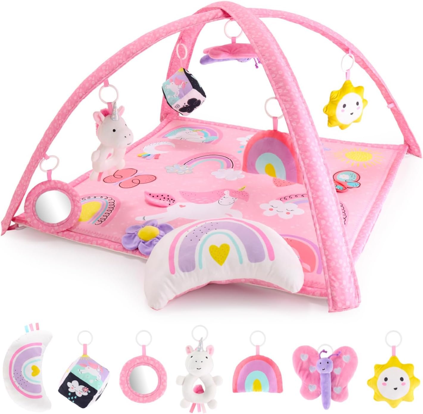 Peanutshell Baby Girl Rainbow Paradise 7-in-1 Play Gym – Playmat Toys for Newborns, Infants: 0-6, 6-12 months Tummy Time Mat with Hanging Toys, Soft Padded