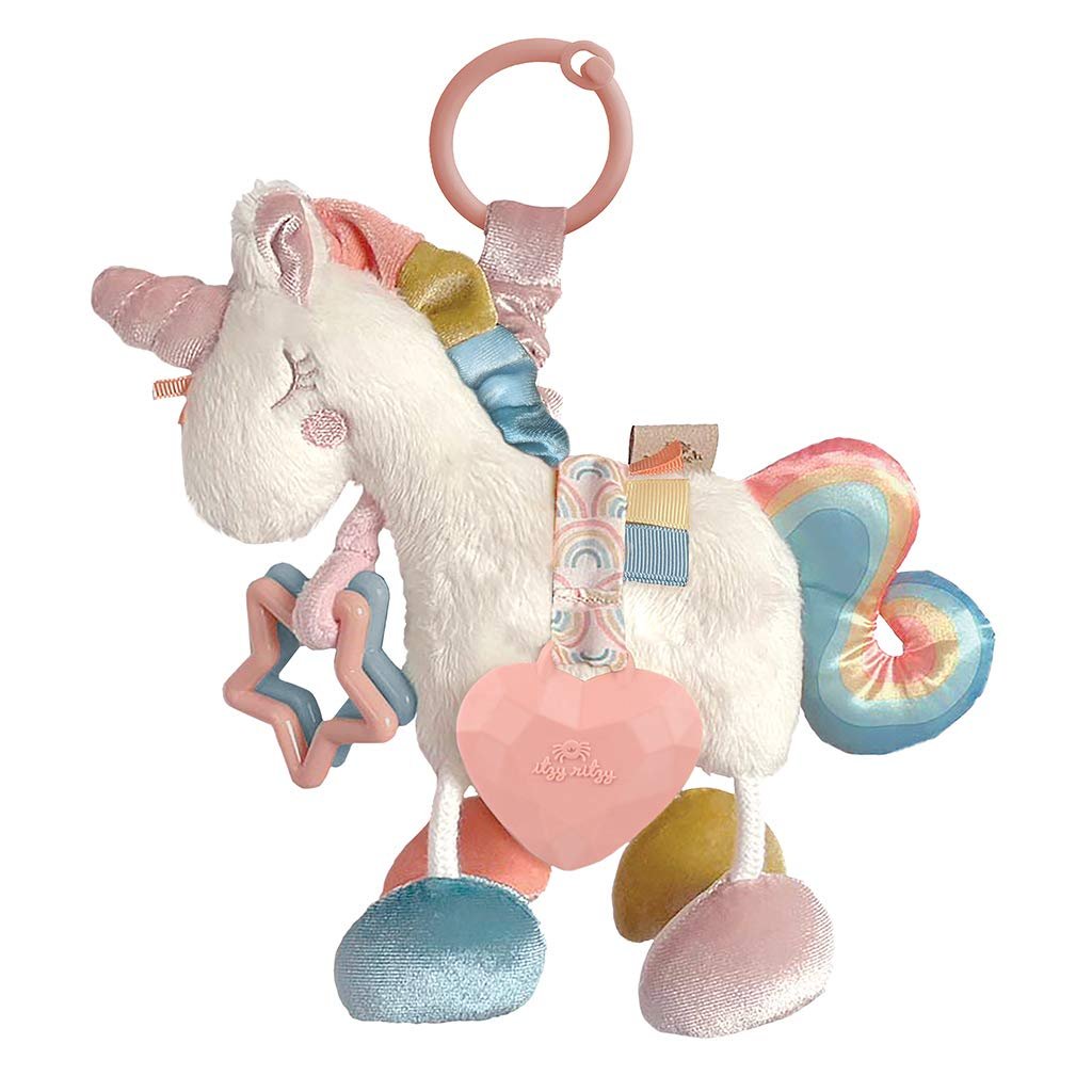 Itzy Ritzy Link & Love Toy for Stroller or Car Seat – Features Textured Ribbons, Crinkle Sounds, Clinking Rings & Silicone Teether – Designed For Ages 0 Months and Up (Unicorn)
