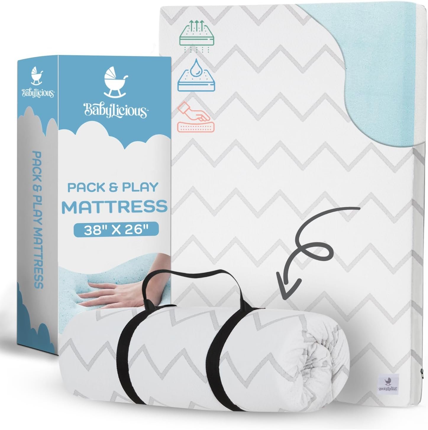 Babylicious Waterproof Pack and Play Mattress Pad – 38″ x 26″ | Roll Up Style – Breathable Soft Memory Foam – Portable Mattress Topper- Baby Foam Mattresses for Babies – Includes Easy Carry Buckle