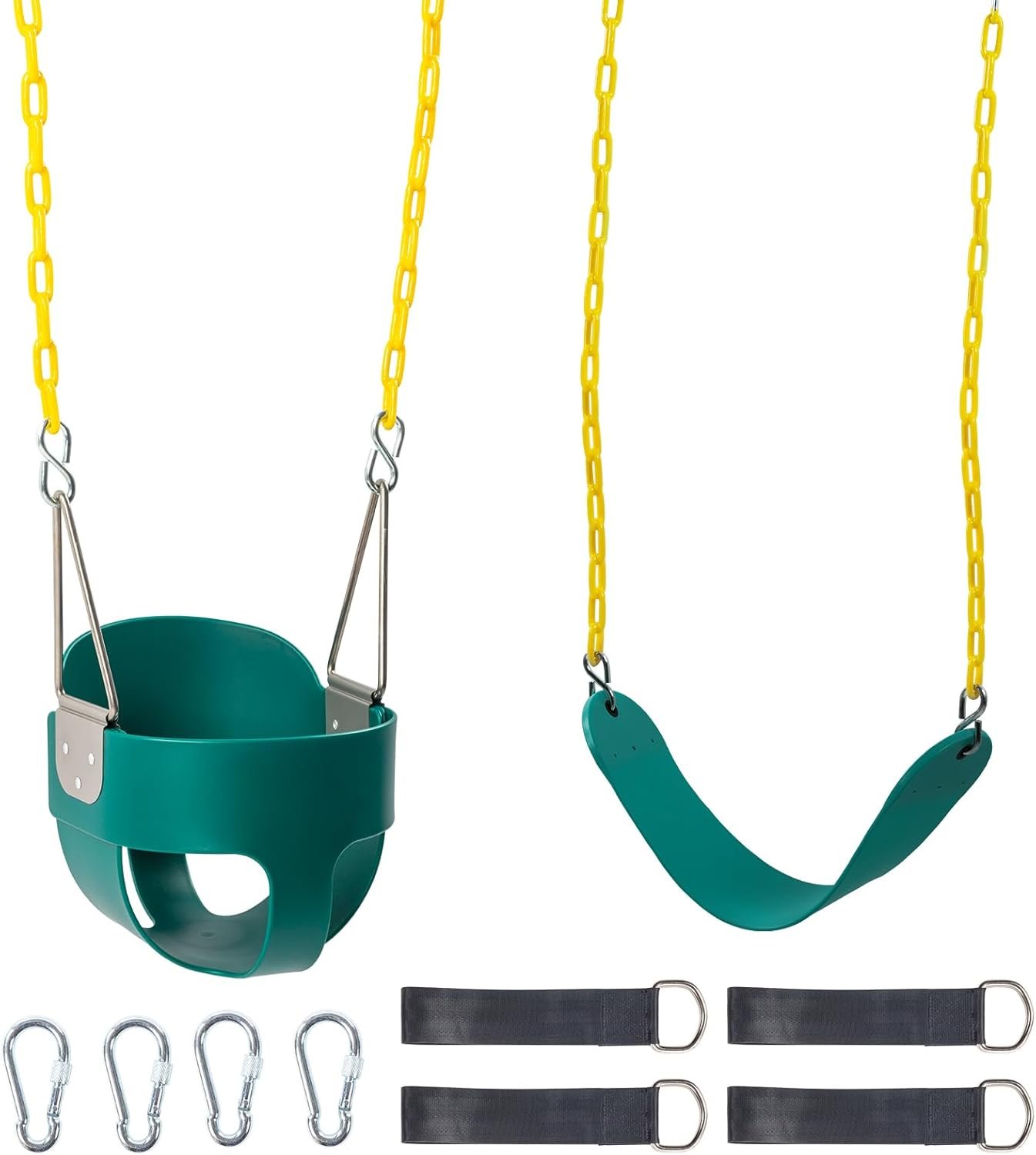 Ktaxon Toddler Bucket Swing Seat Set Combo, Kids High Back Full Buckets and Heavy Duty Swings Seat W/Coated Chains, Tree Straps & Lock Snap Hooks for Outdoor Backyard (Green+Two)