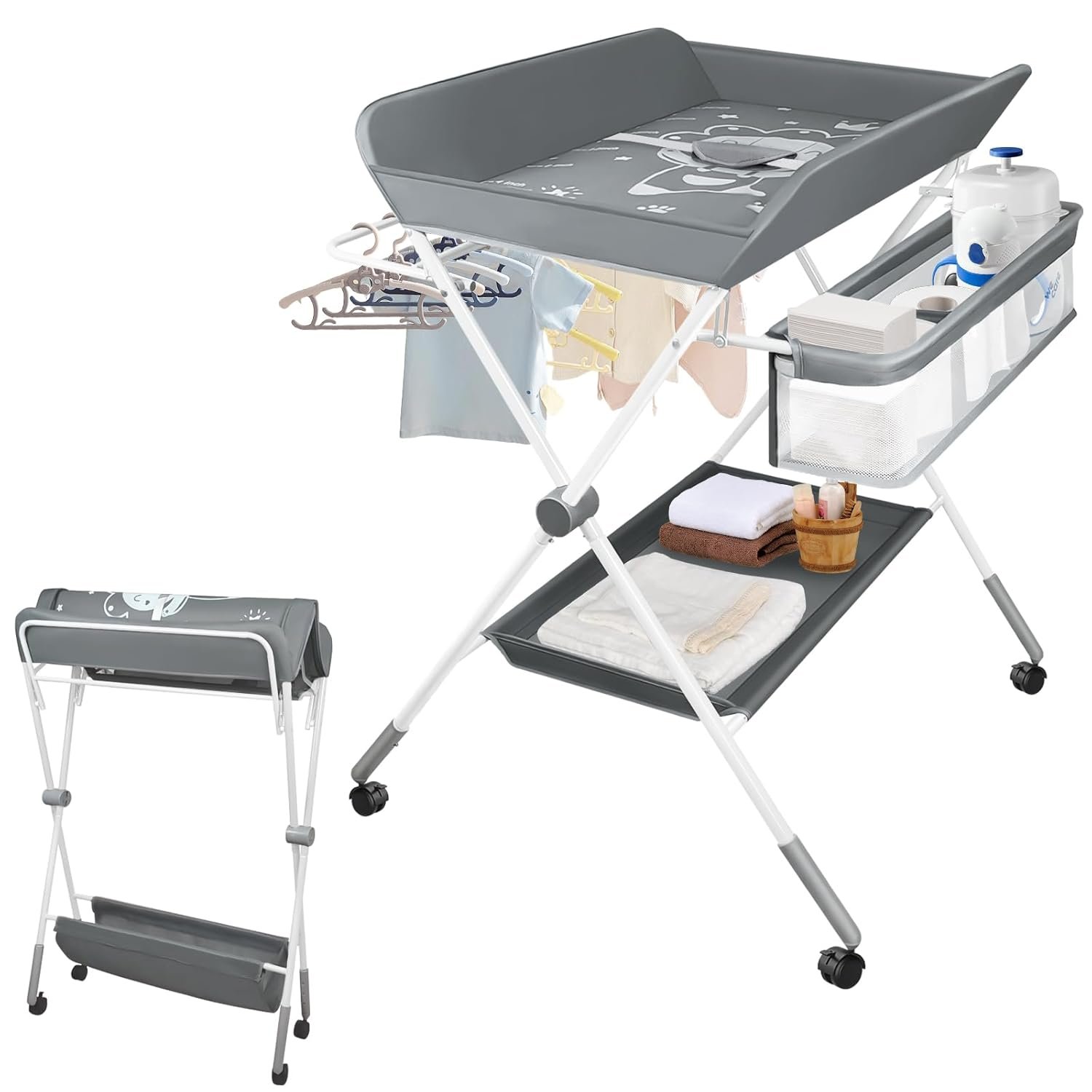 Baby Changing Table, Portable Folding Diaper Changing Station with Wheels, Adjustable Height Nursery Organizer with Safety Belt & Storage Basket & Hanging Rack for Newborn Baby and Infant (Gray)
