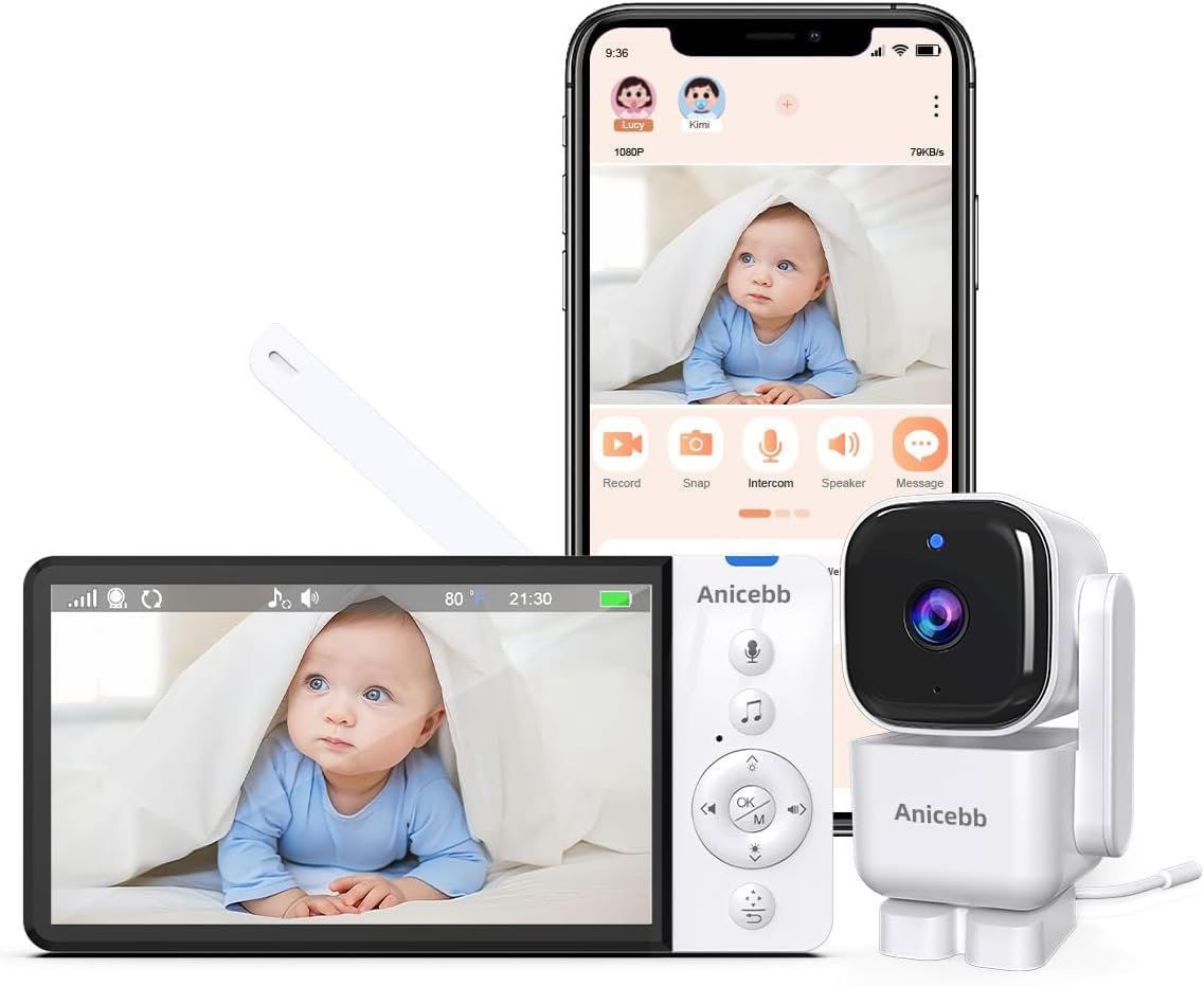 Smart Baby Monitor with App & 5″ Screen, Dual Mode (2.4 GHz WiFi Phone Access & Secure No-WiFi), Auto Motion Tracking PTZ Camera, 36H Battery, Night Vision, Cry/Temp Alerts