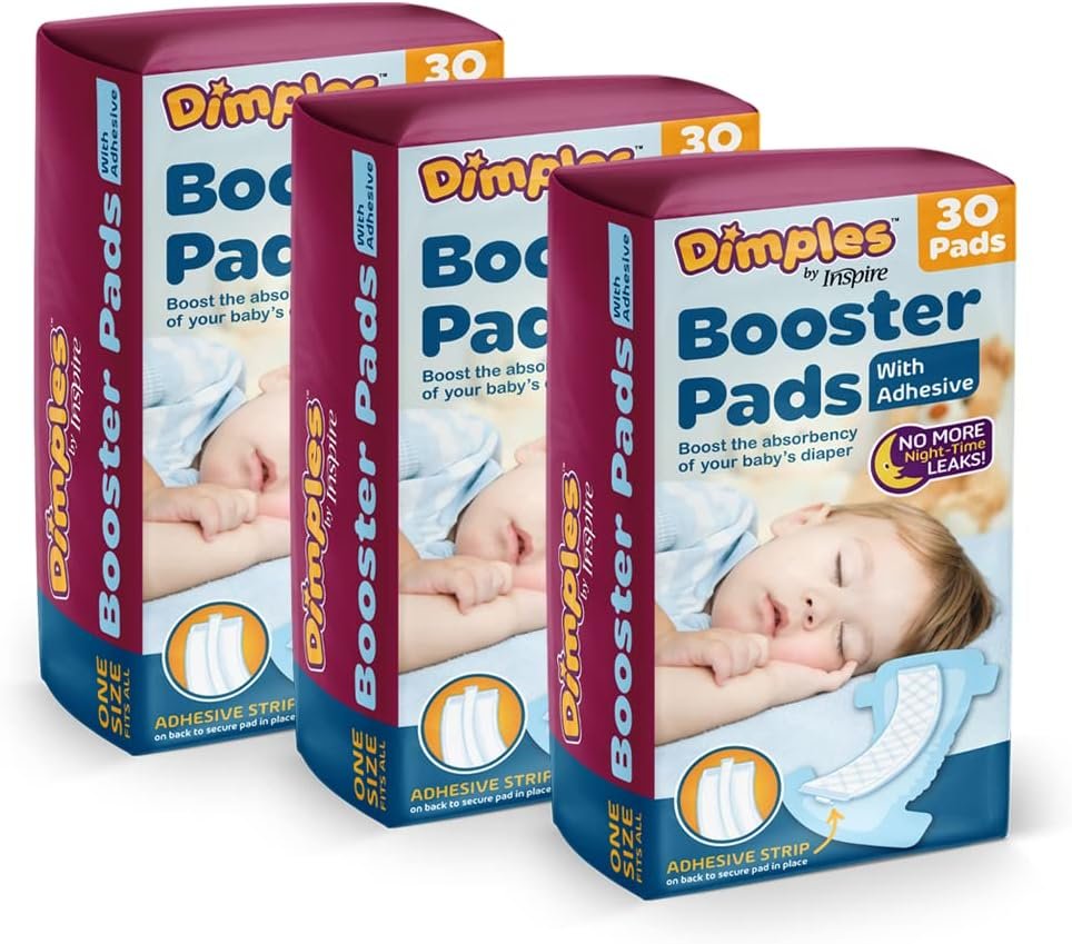 Inspire Dimples Booster Pads, Baby Diaper Doubler with Adhesive – 1 Size Fits All Diapers – Boosts Diaper Absorbency – No More leaks 90 Count (with Adhesive for Secure Fit)