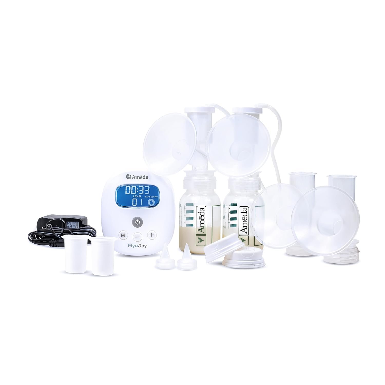 Ameda MYA Joy Double Electric Breast Pump & Accessories, Handsfree Compact, Lightweight Tabletop or Portable Breastfeeding Pump, Hospital Strength, w/HygieniKit Milk Collection System