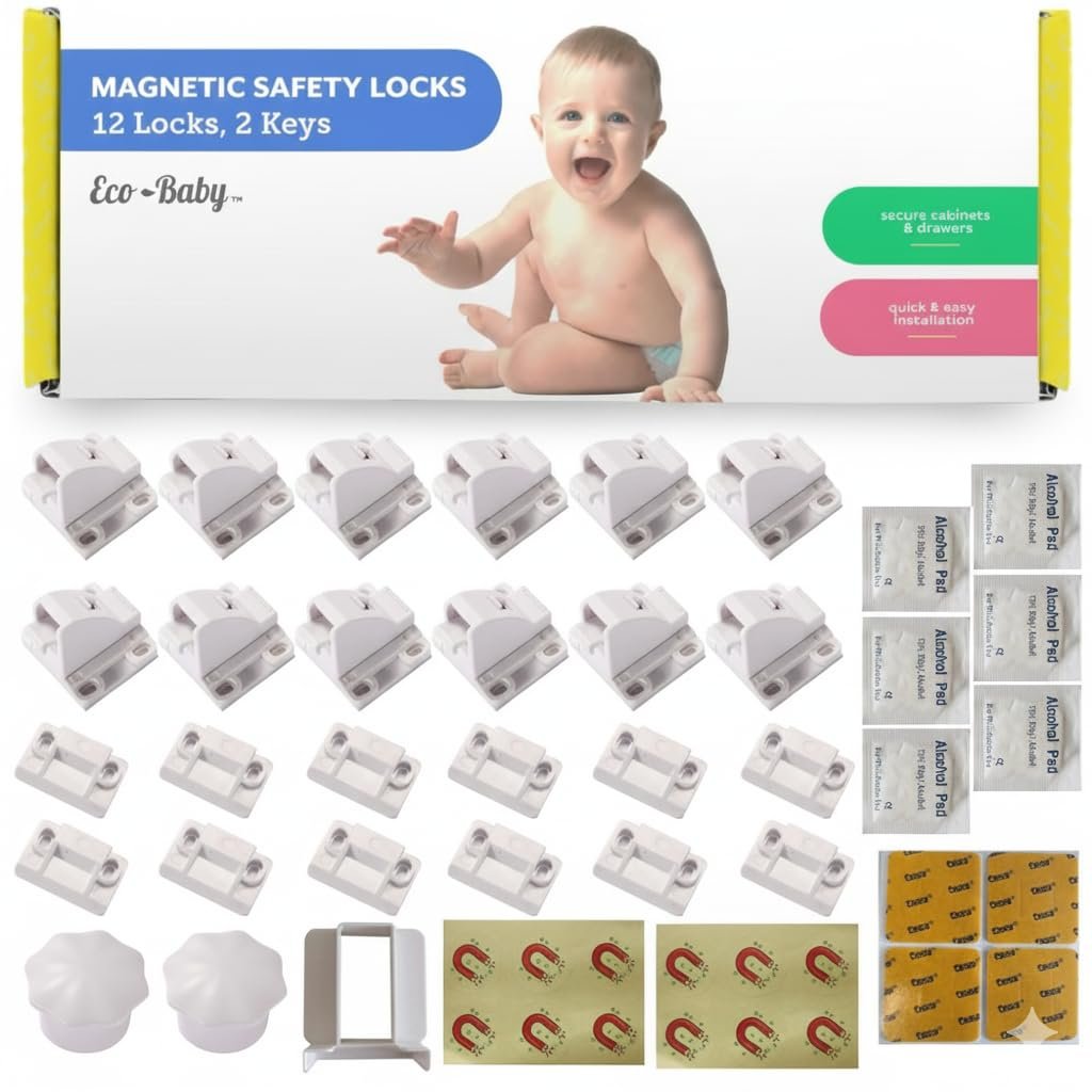 Magnetic Cabinet Locks for Babies (12 Pack Locks with 2 Keys), Eco Baby Baby Proofing Cabinet Locks, Child Locks for Cabinets Drawers Doors, Easy Installation No Tools Required