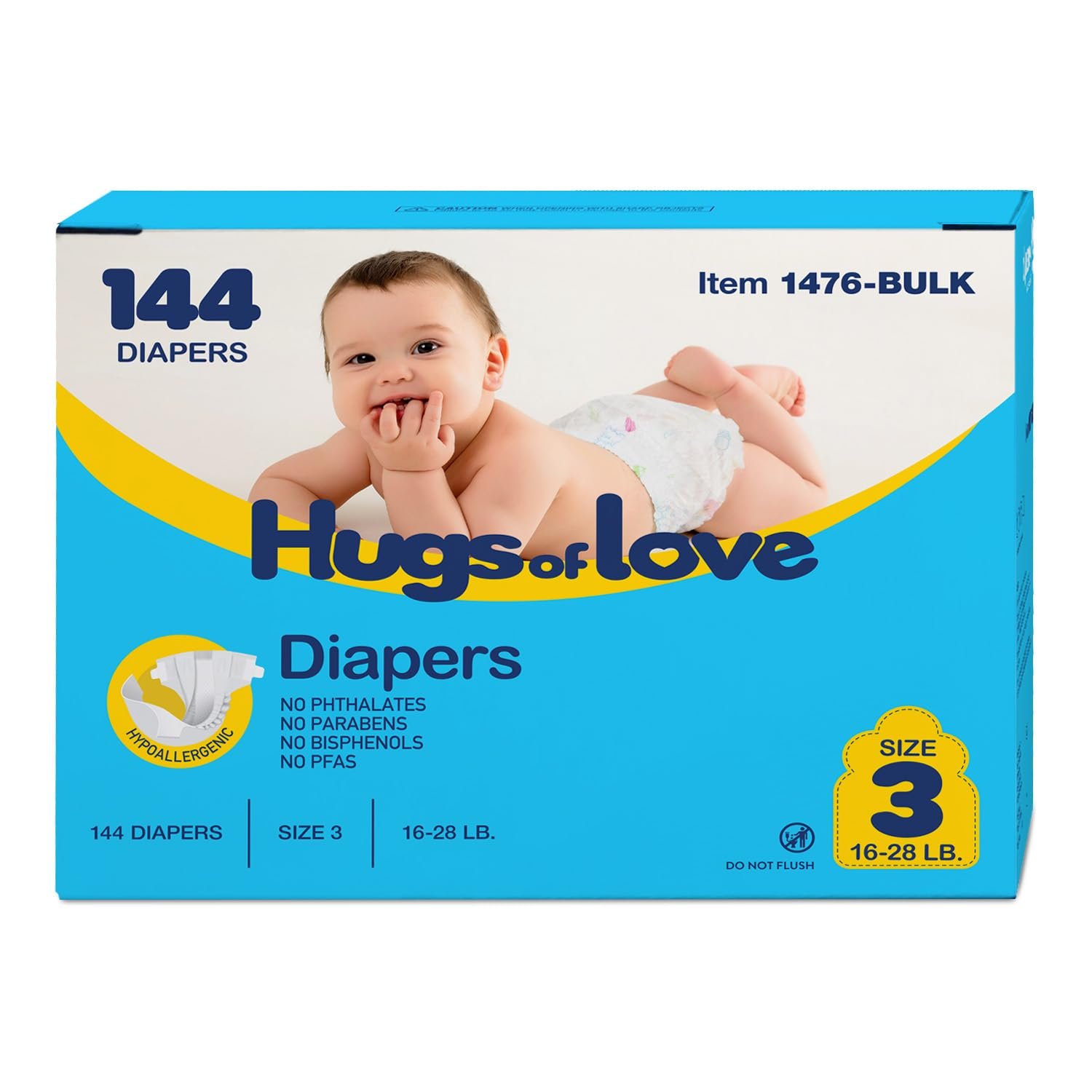 Dynarex Hugs-of-Love Diapers Size 3 (16-28 lb) Baby Diapers – High Absorbency, Leak Protection, Soft Comfort, 144 Diapers per Case