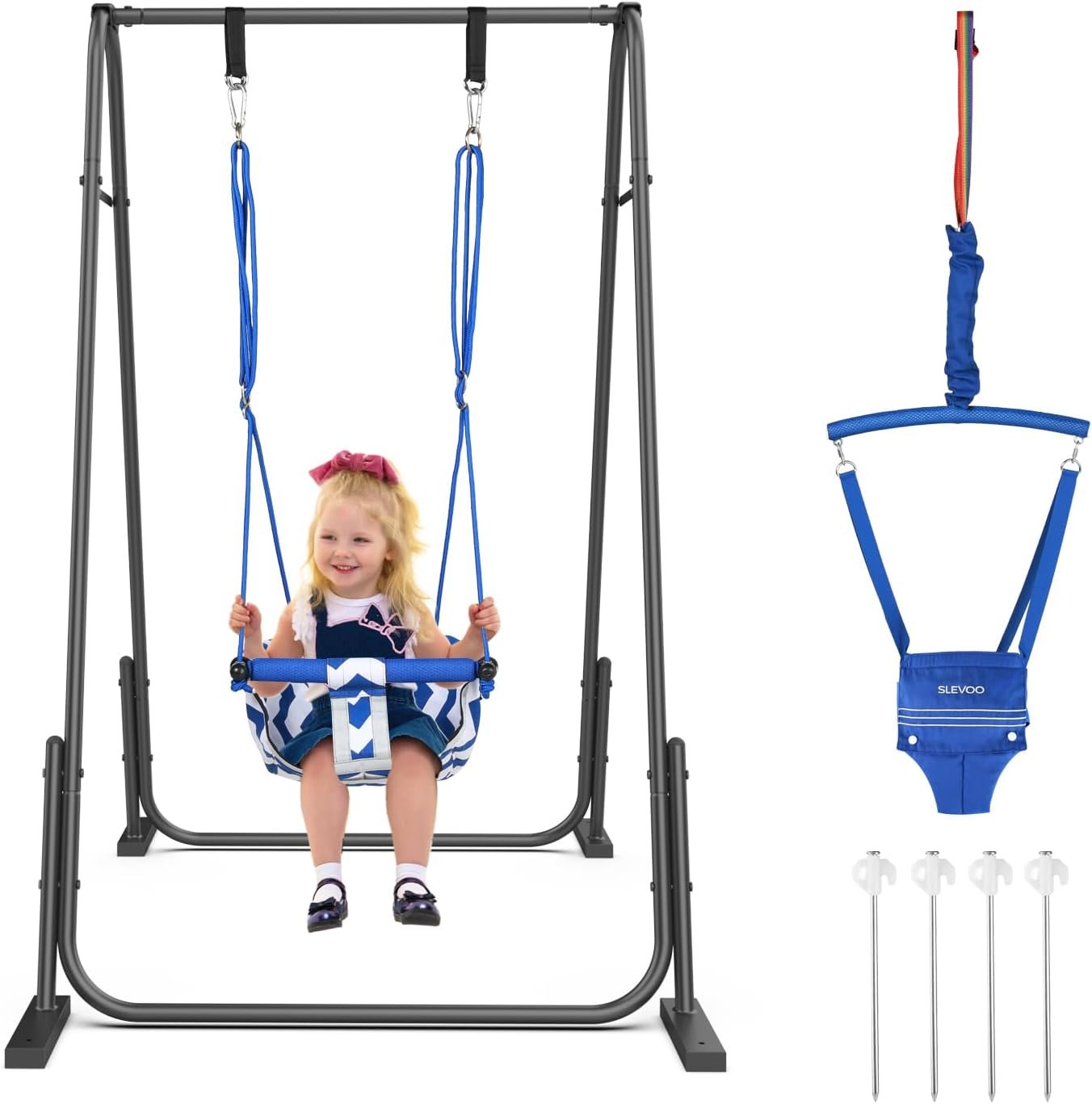 Slevoo 2 in 1 Baby Jumper Swing, Portable Toddler Swing with Foldable Stand, Indoor Outdoor Baby Jumpers and Bouncers, 6 Months to 6 Years, Blue