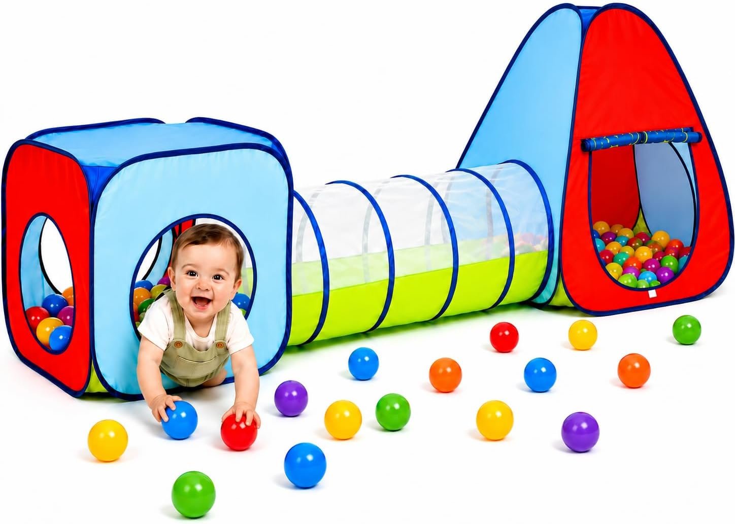 Kiddey Tunnel and Ball Pit Play Tent | 3pc Pop Up Toddler Gym Tunnels with Tents for Kids, Toddlers, Infants Boys & Girls | Indoor & Outdoor Gift Game | Baby Crawling Pits for Playground