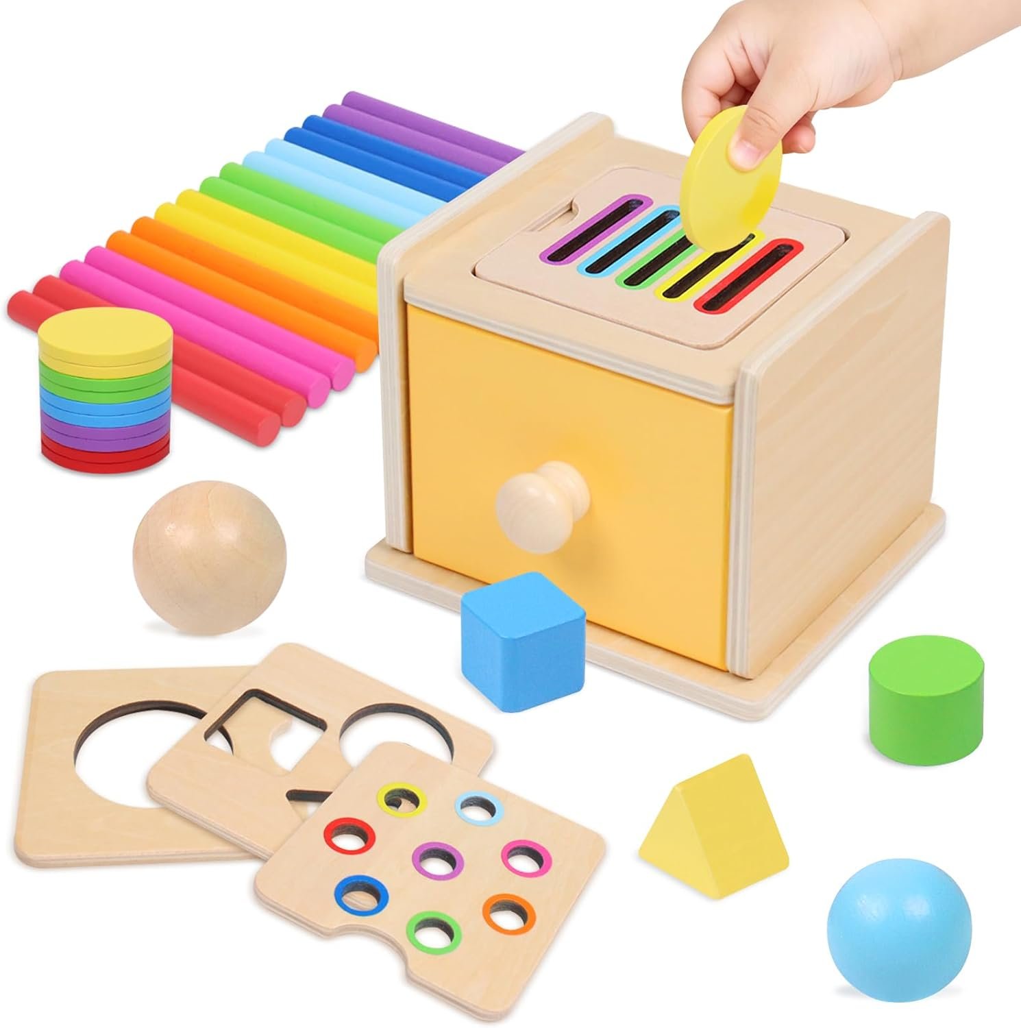 YHHYTOY Montessori Toys for 1+ Year Old, 4 in 1 Object Permanence Coin Box, Ball Drop Color Sorting Sensory Fine Motor Skills Toys Shape Sorter for Toddlers 1-3, Gifts for 1 2 3 Year Old Girls Boys